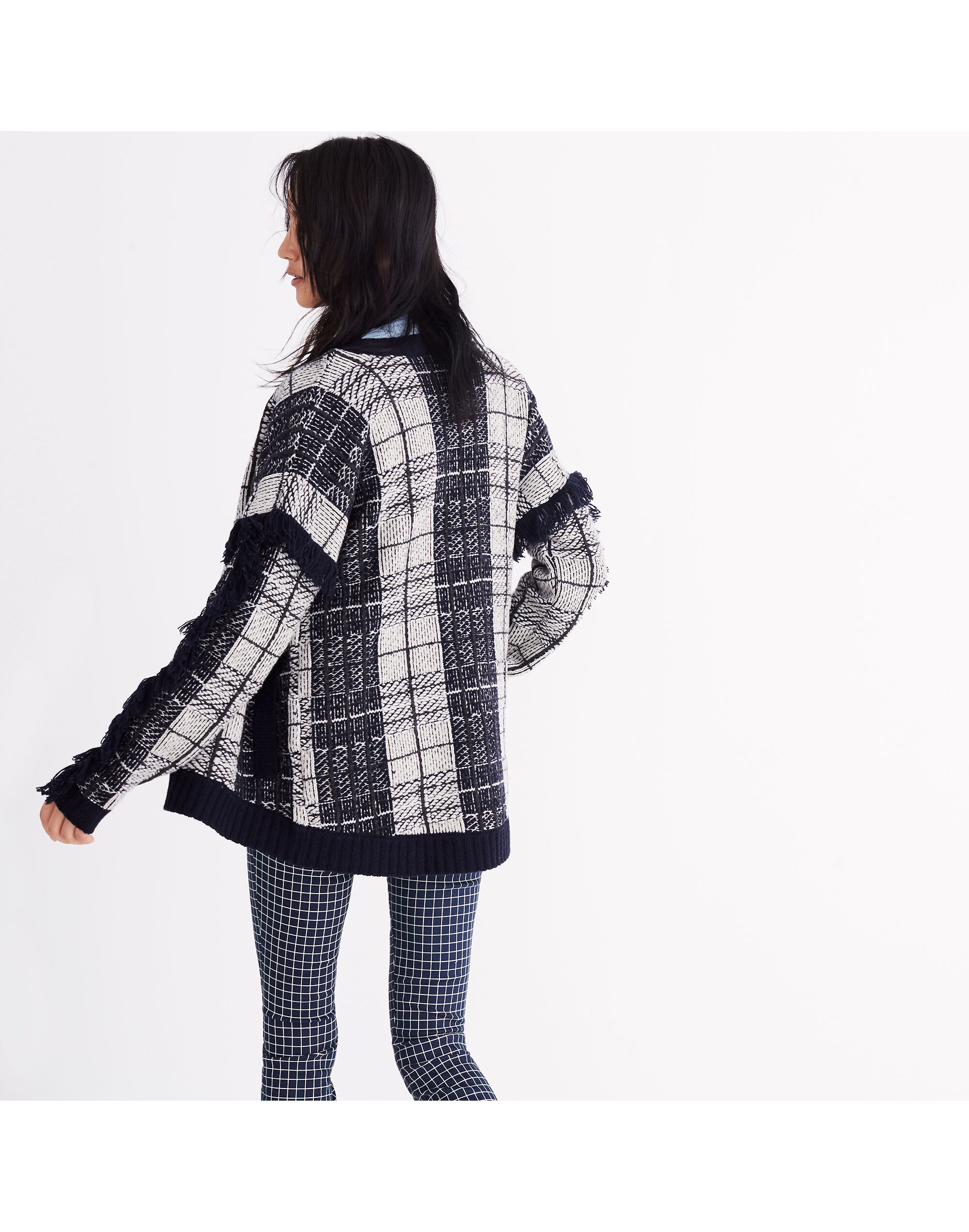 Plaid Fringe Cardigan Sweater