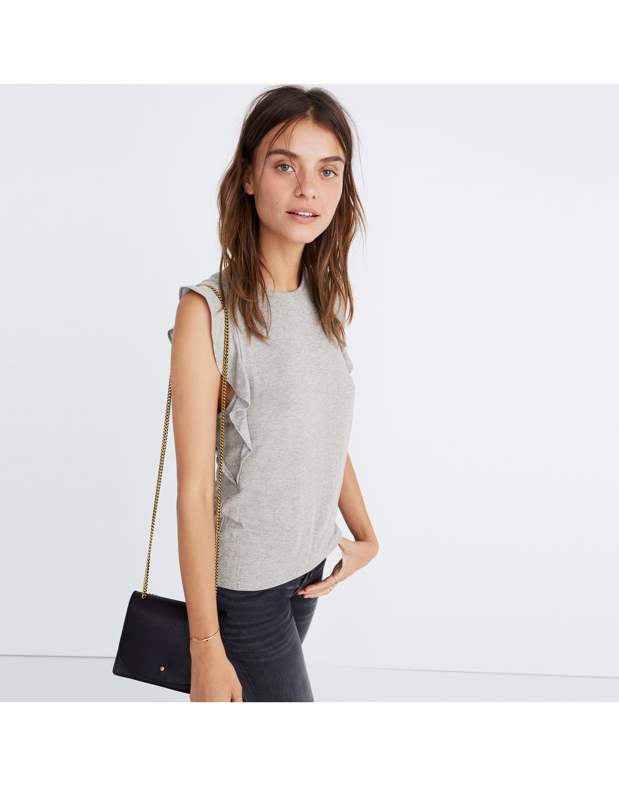 metallic ruffle tank top