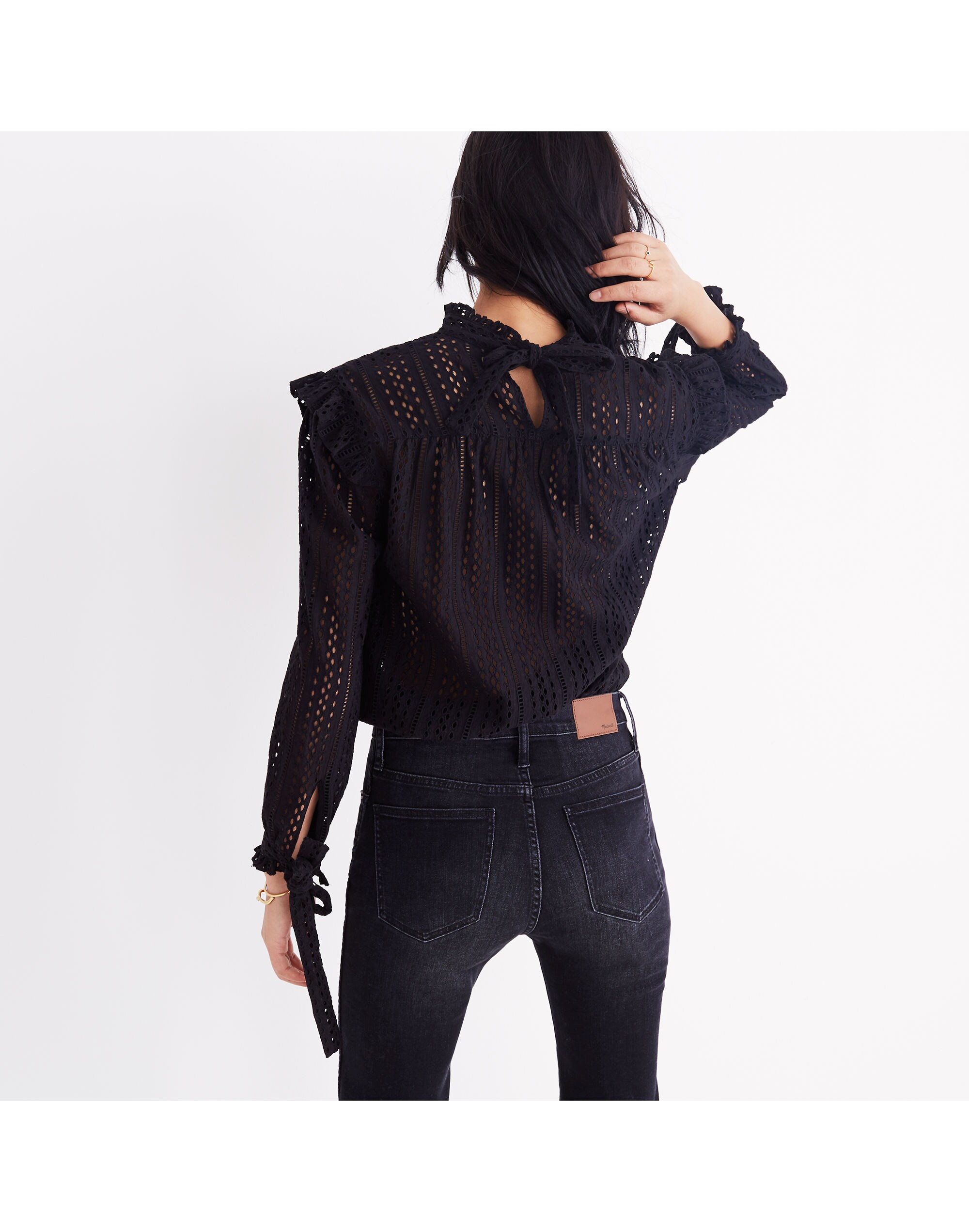 Eyelet Mockneck Ruffle Top