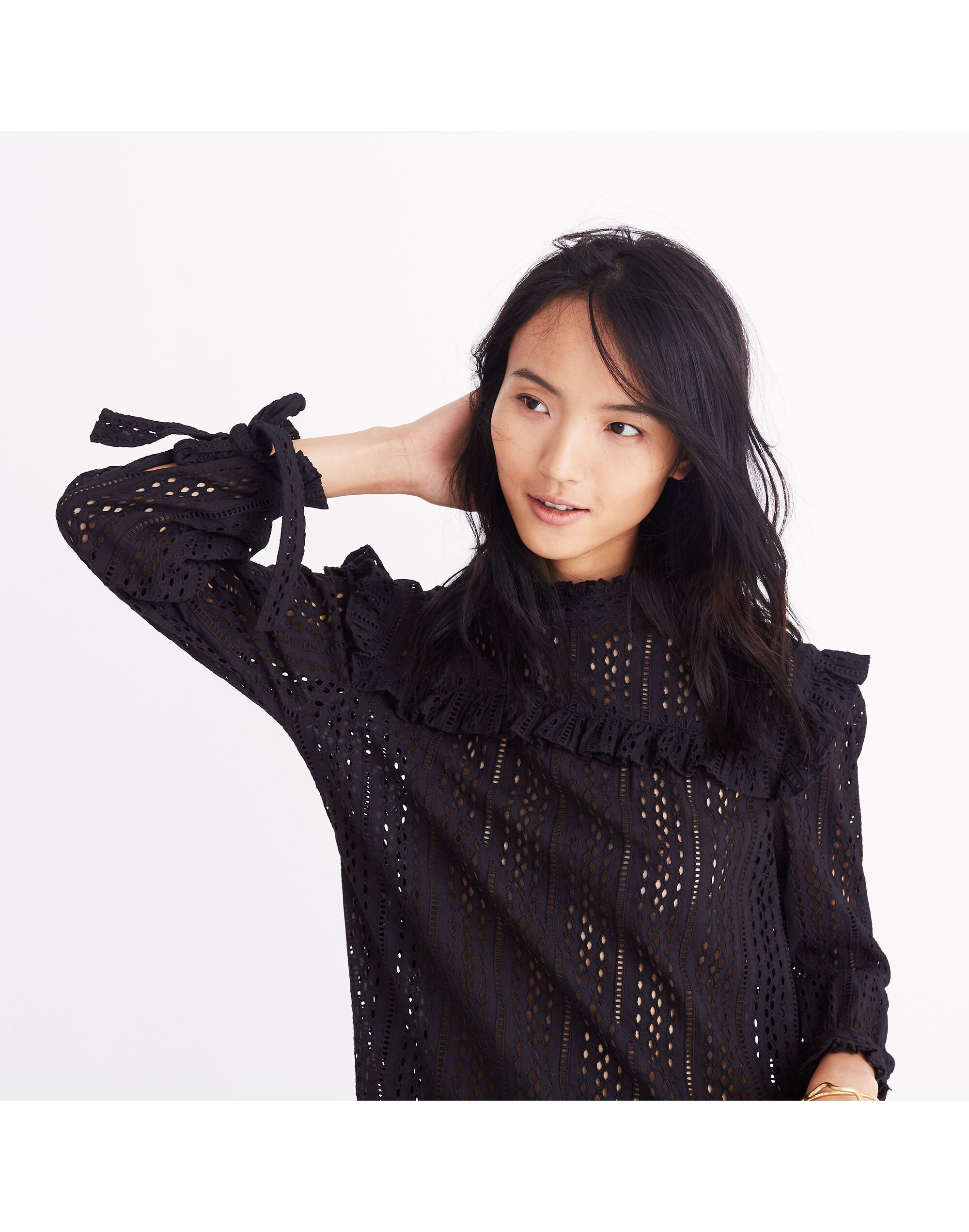 Eyelet Mockneck Ruffle Top