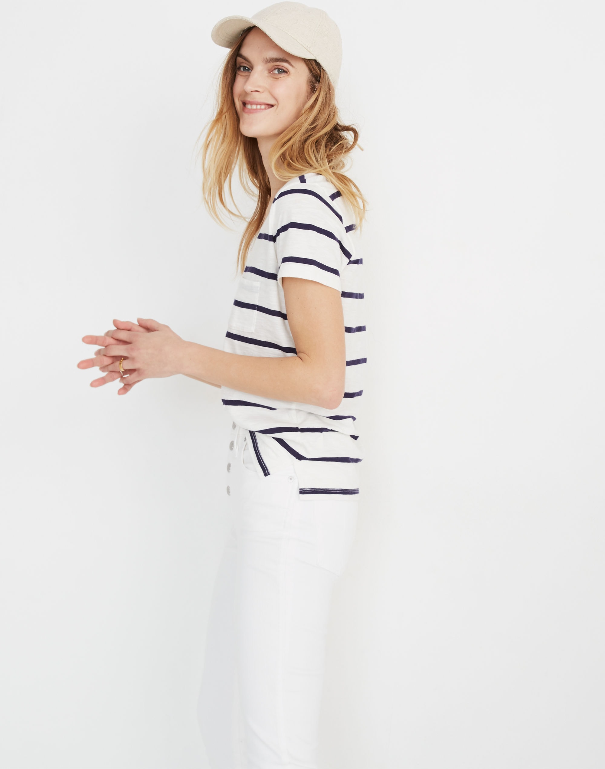 Whisper Cotton V-Neck Pocket Tee in Creston Stripe