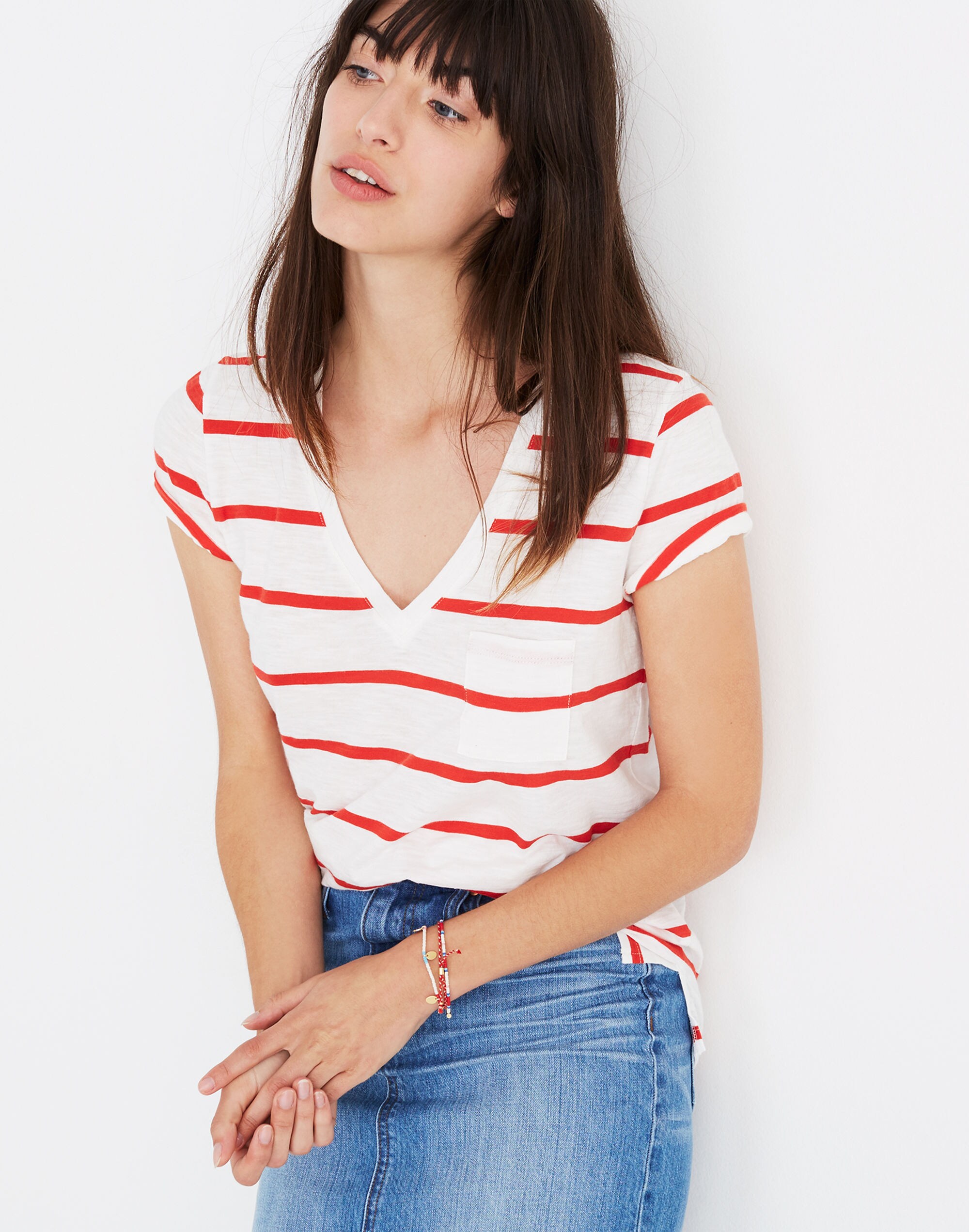 Whisper Cotton V-Neck Pocket Tee in Creston Stripe