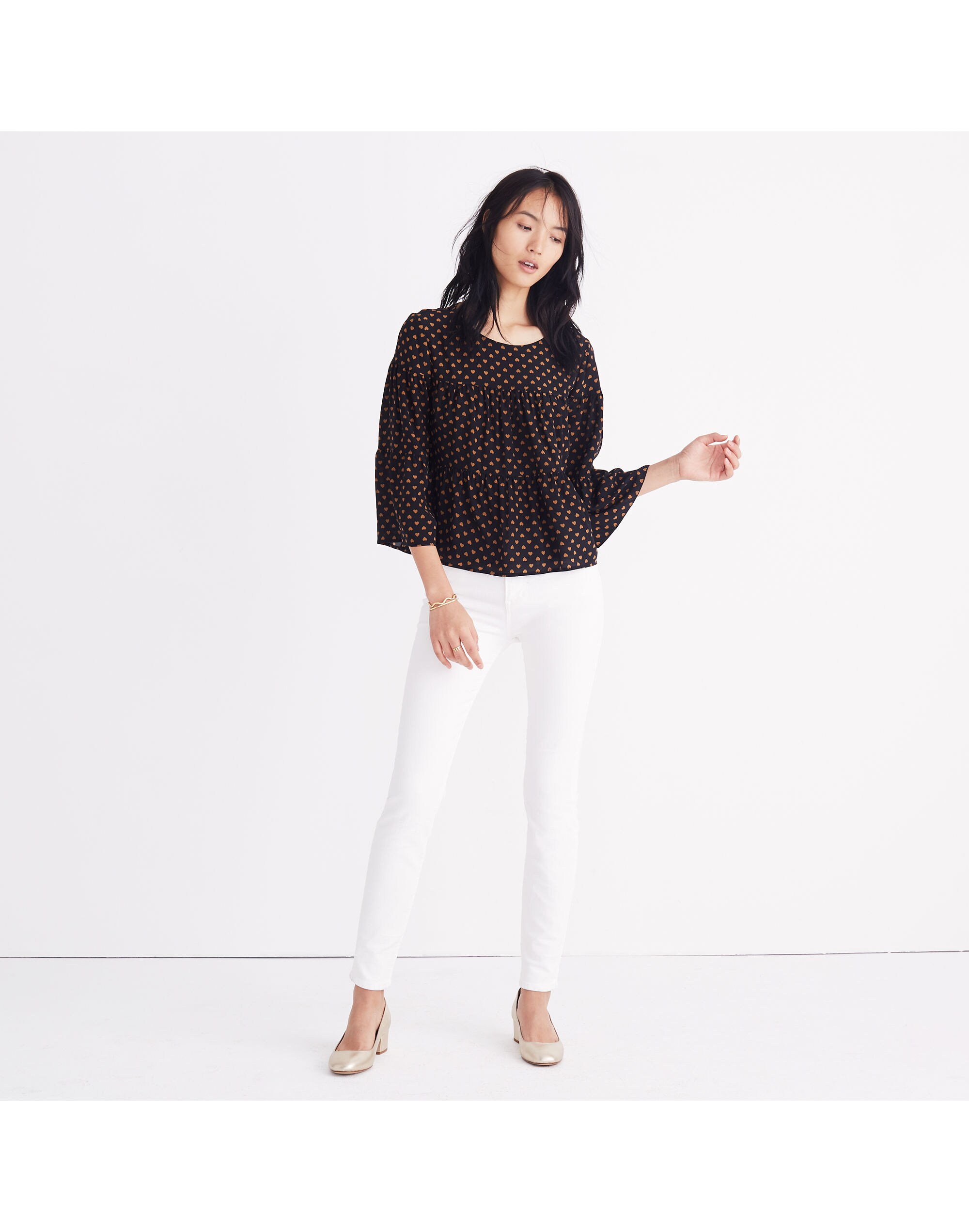 Silk Tiered Button-Back Top in Heart Flip