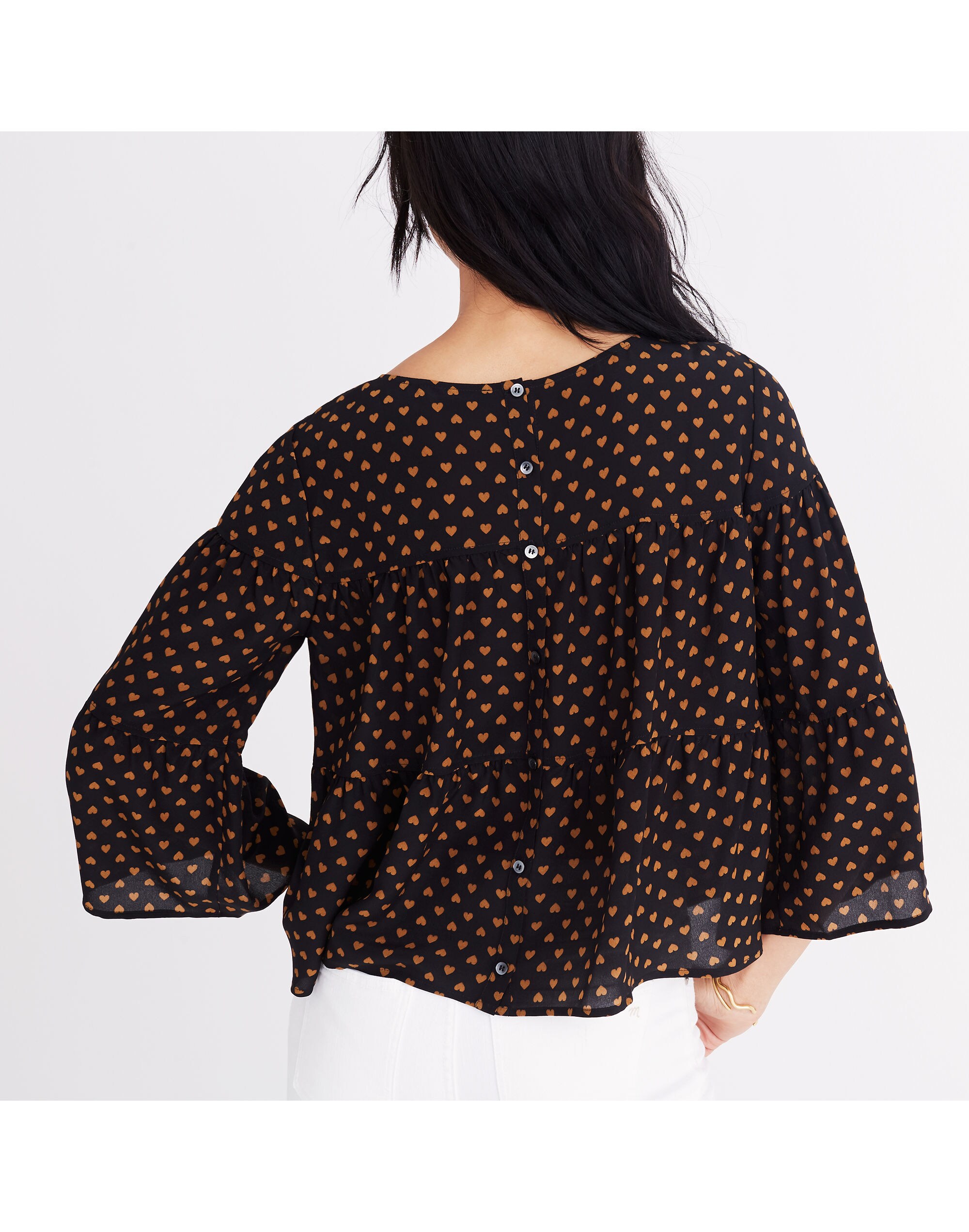 Silk Tiered Button-Back Top in Heart Flip