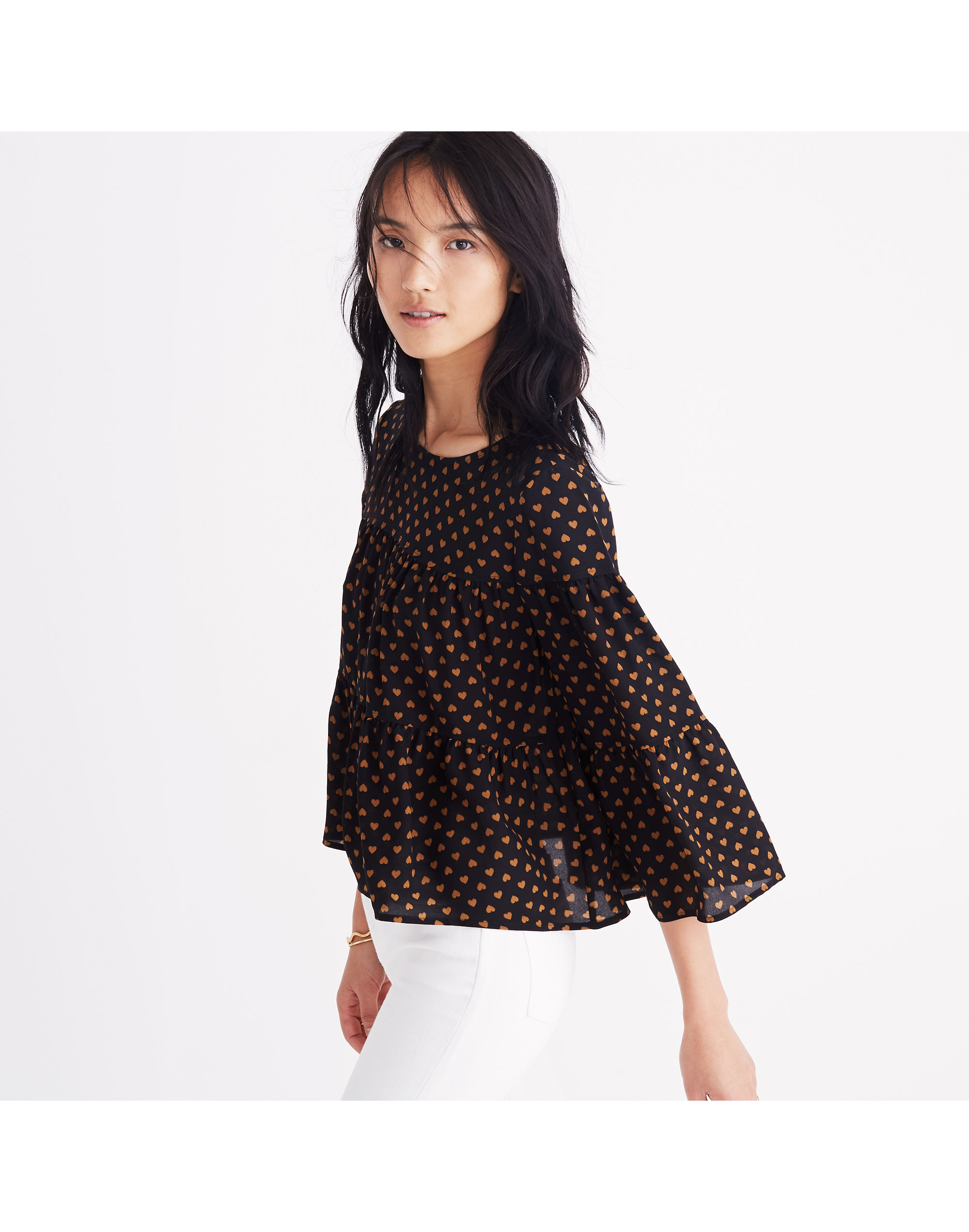 Silk Tiered Button-Back Top in Heart Flip