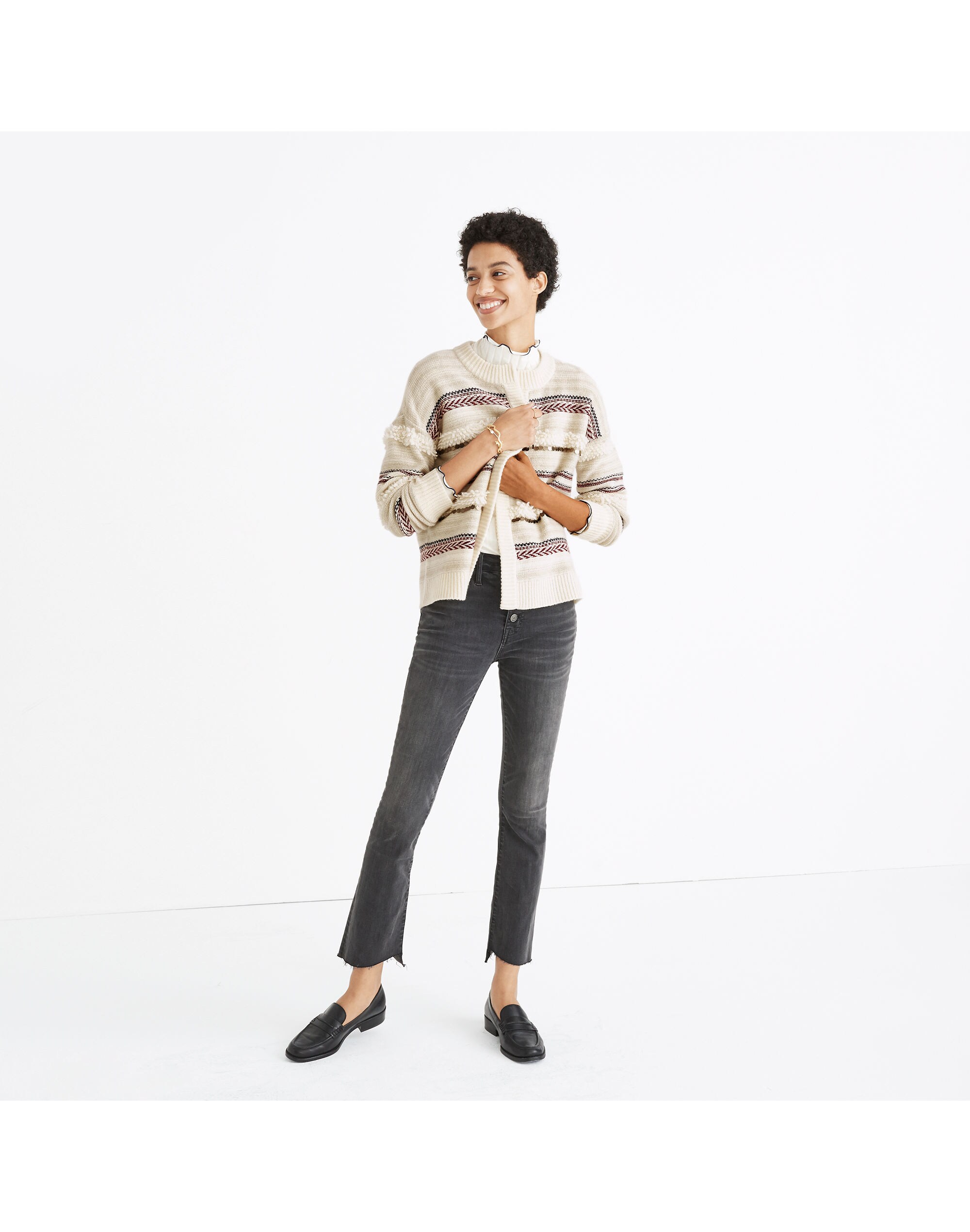 Paillette-Stripe Cardigan Sweater