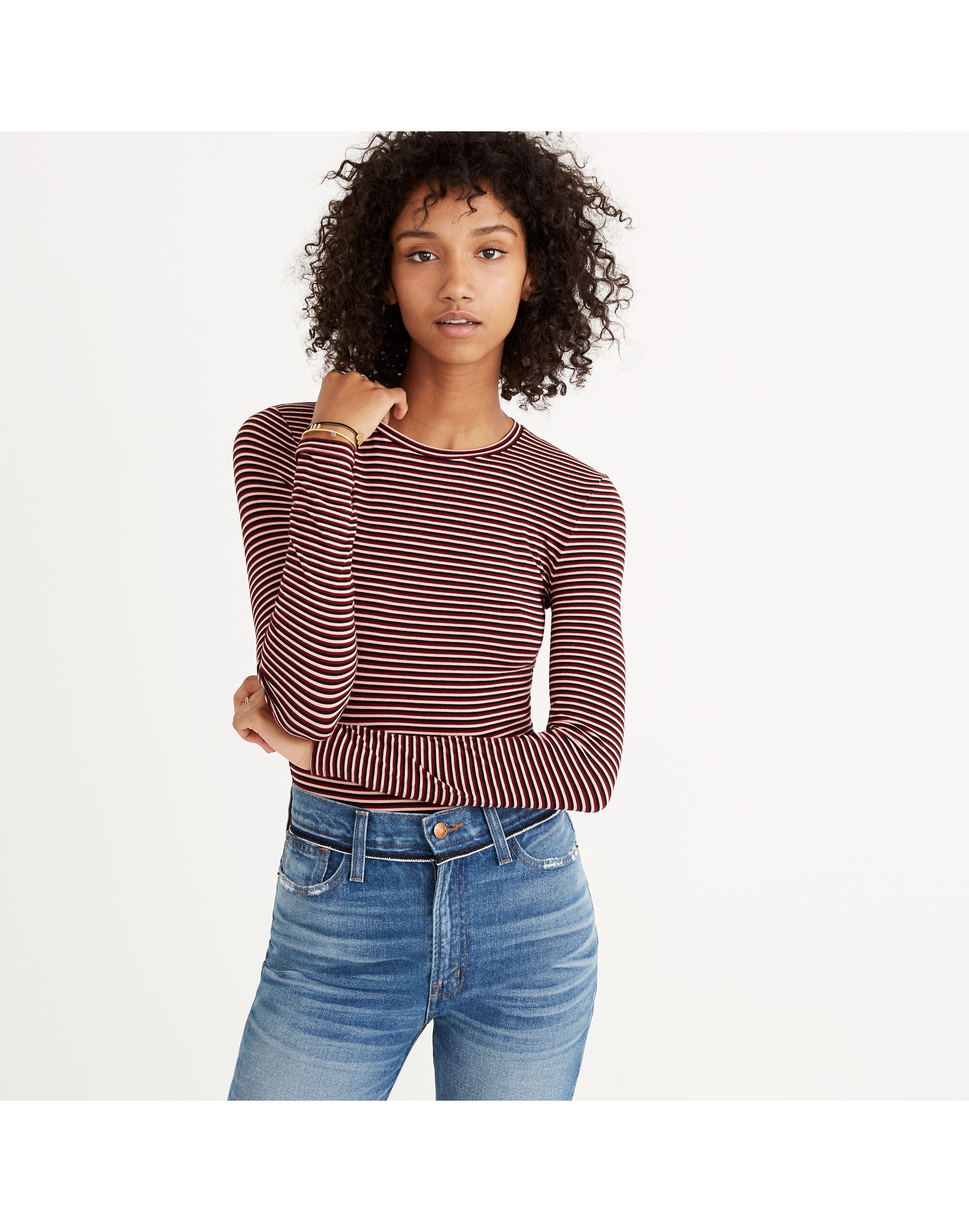 Long-Sleeve Crewneck Bodysuit in Stripe