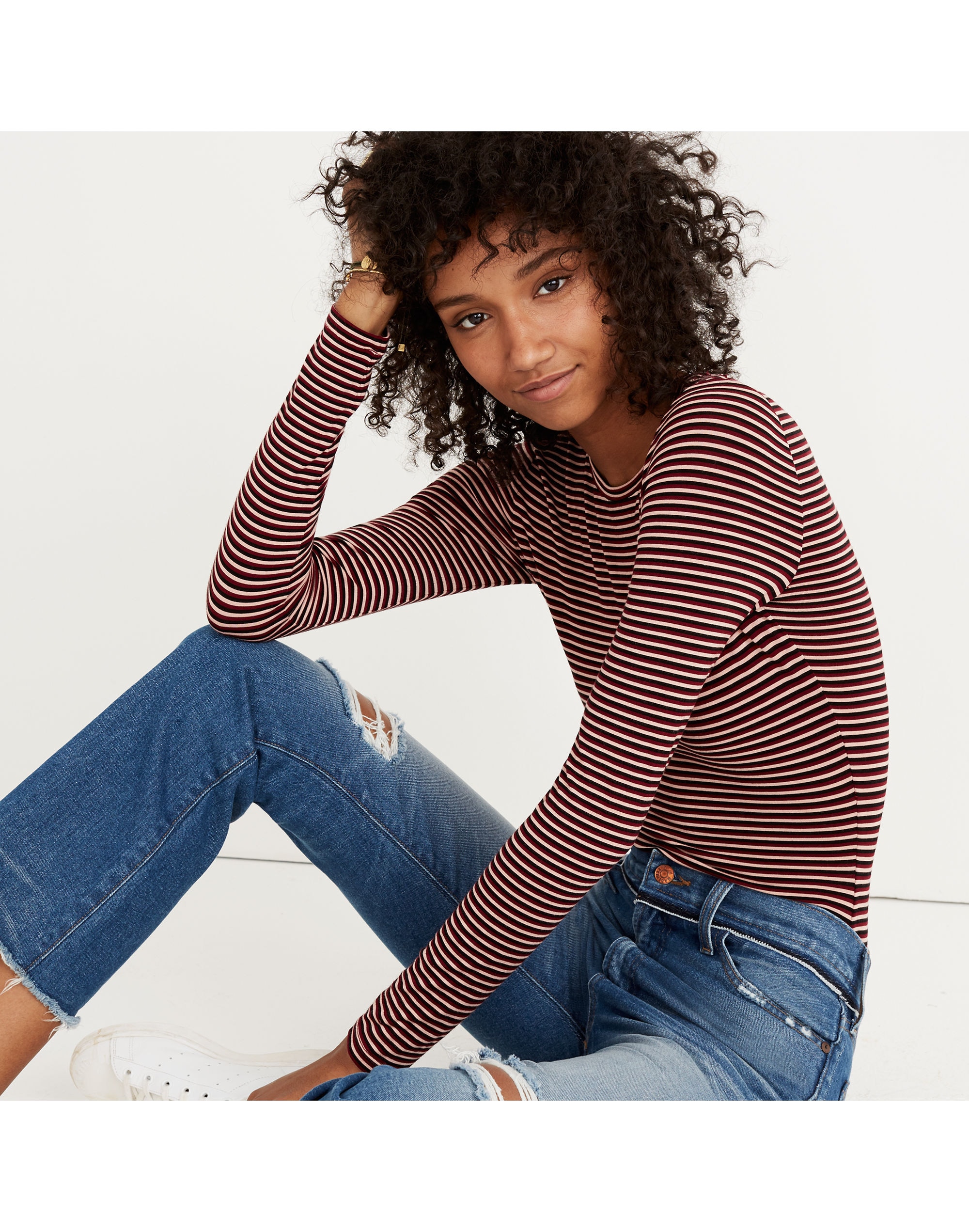 Long-Sleeve Crewneck Bodysuit in Stripe