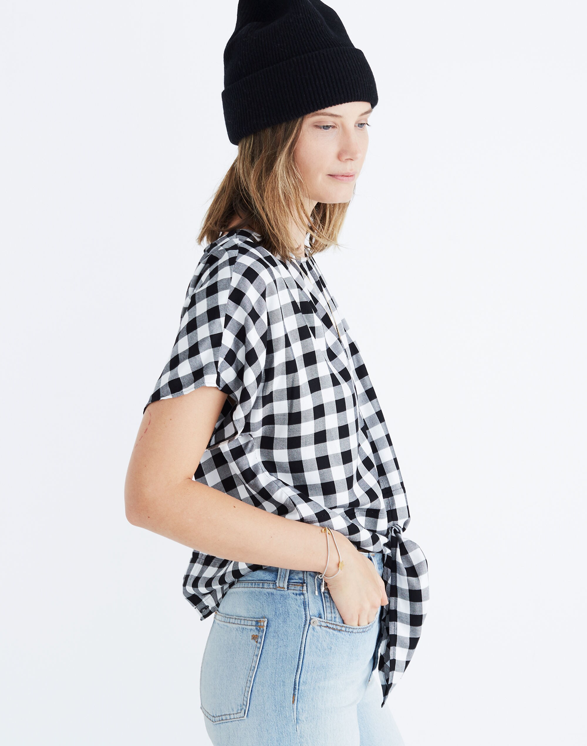 Button-Back Tie Tee in Buffalo Check
