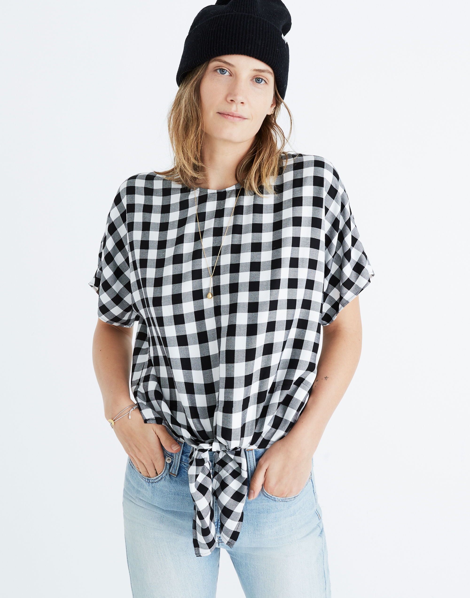 Button-Back Tie Tee in Buffalo Check