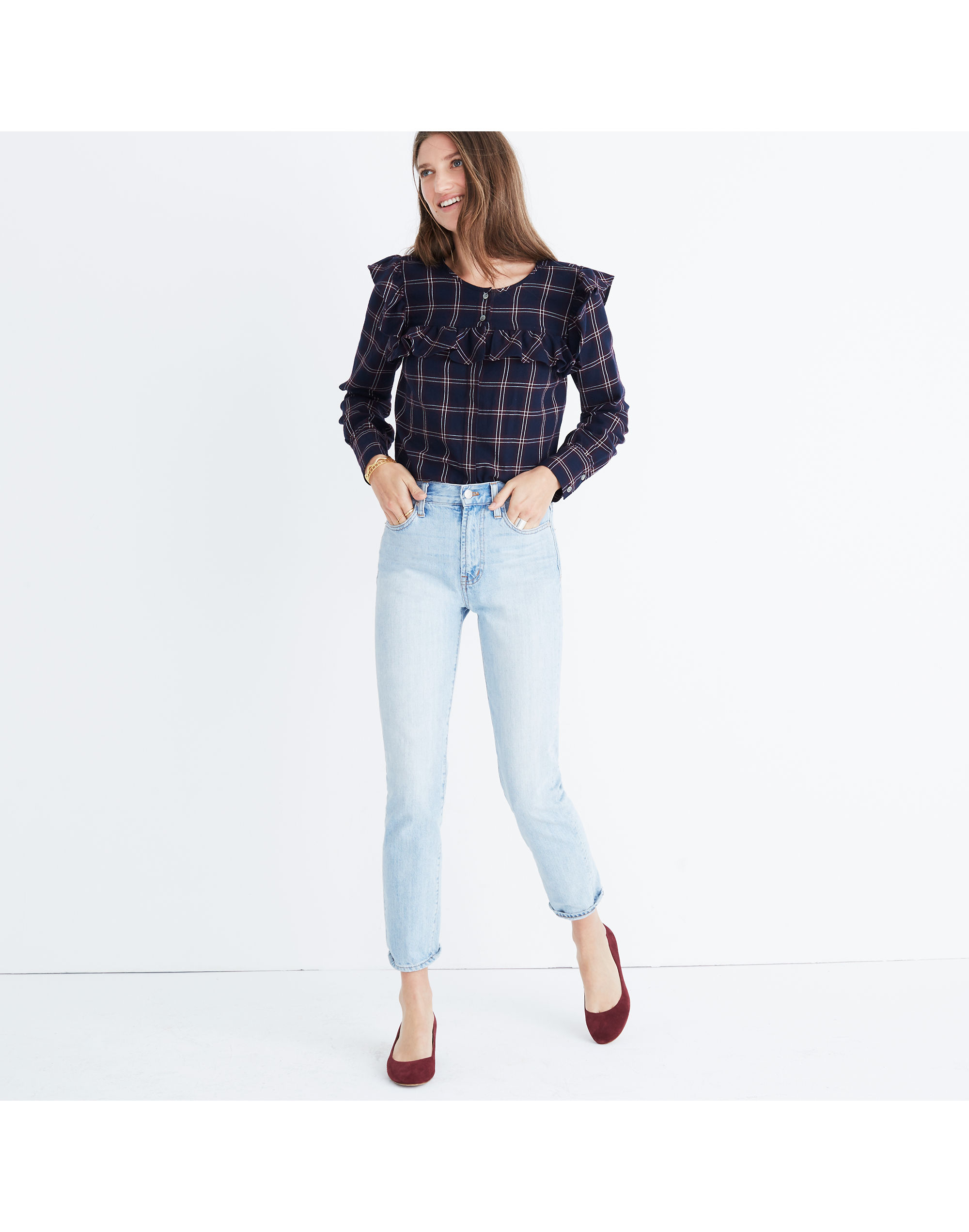 Plaid Ruffle-Yoke Top