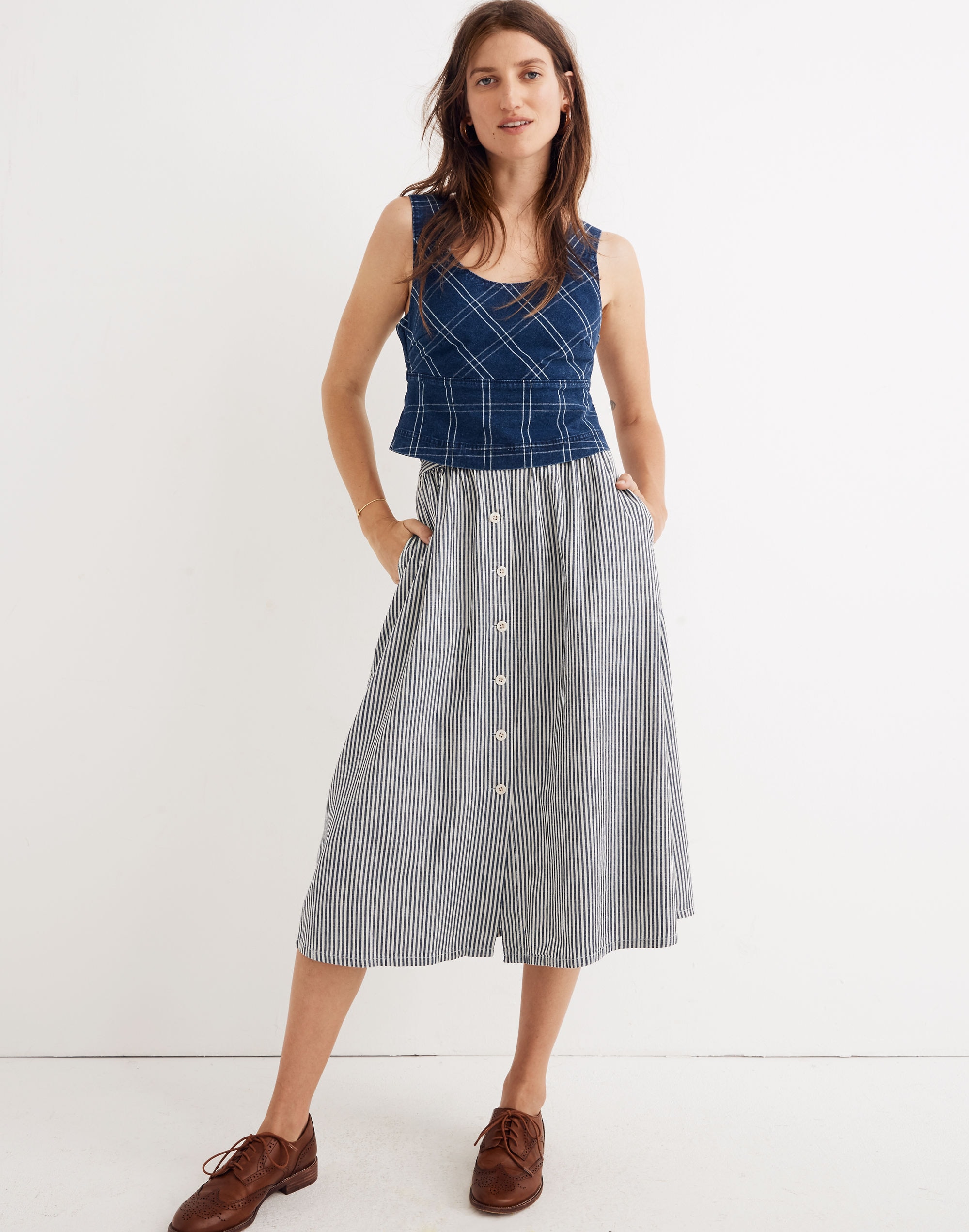 palisade button-front midi skirt in chambray stripe