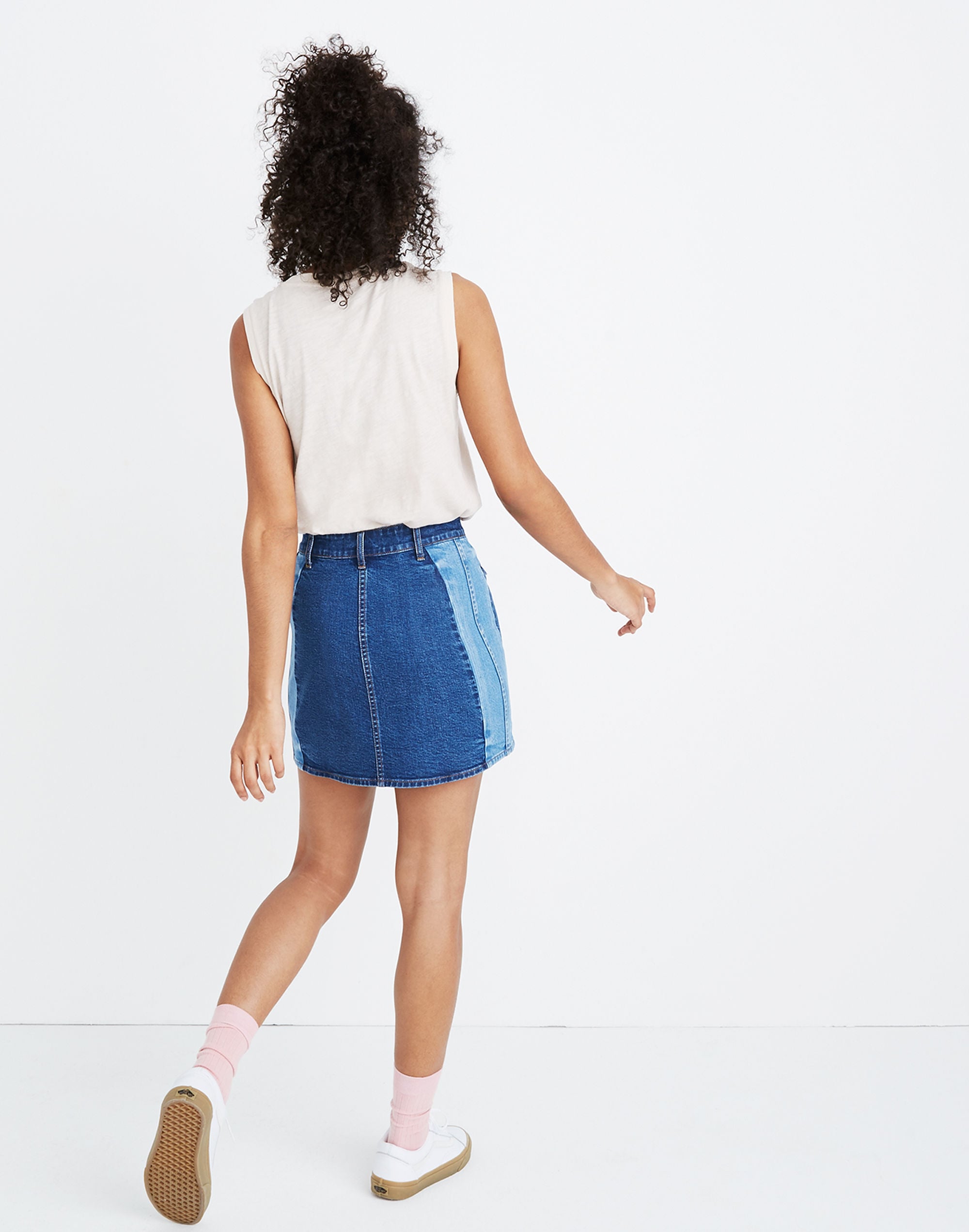 Stretch Denim Straight Mini Skirt: Pieced Edition