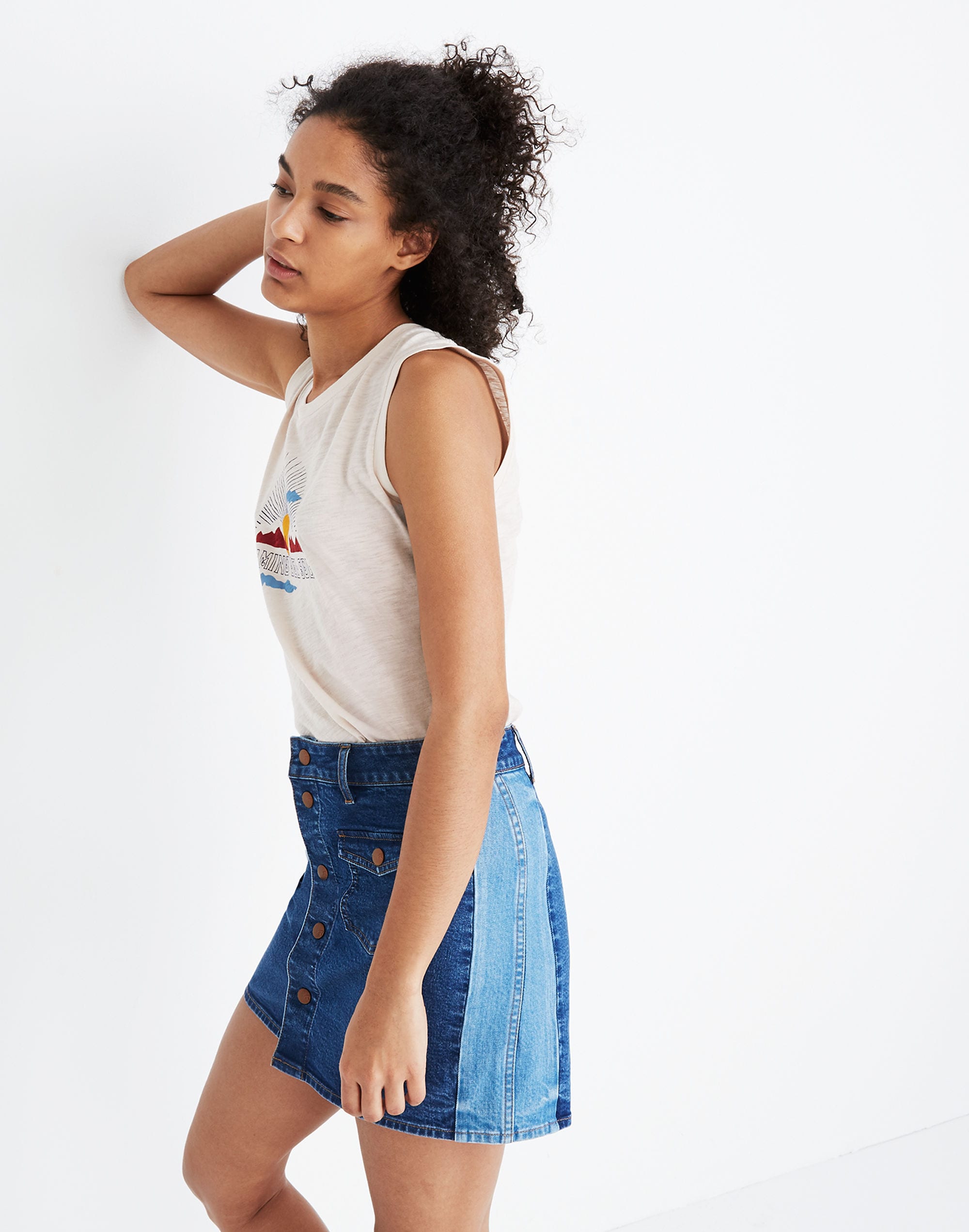 Stretch Denim Straight Mini Skirt: Pieced Edition
