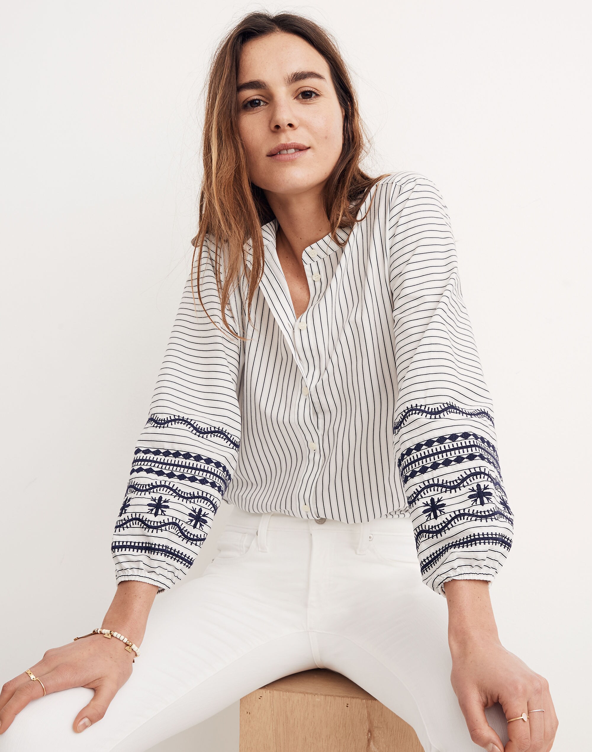 Striped Embroidered-Sleeve Shirt