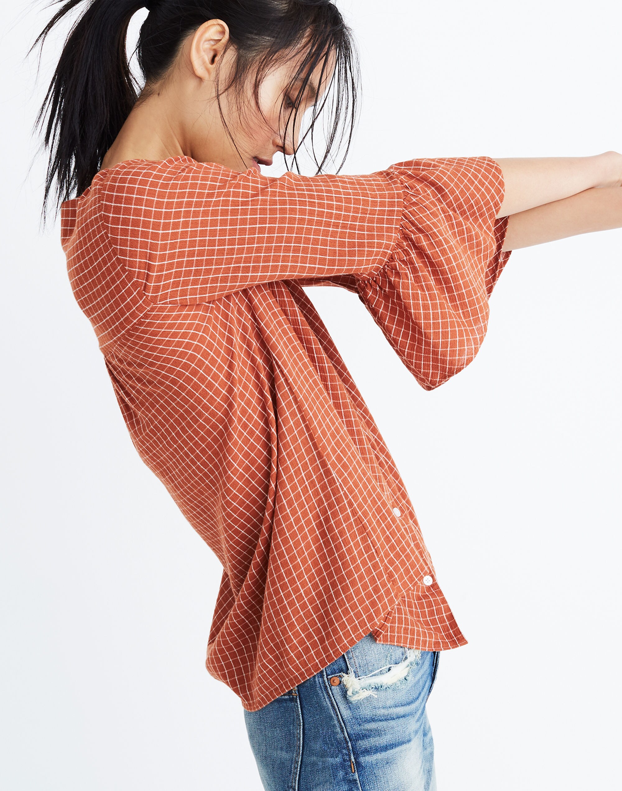 Veranda Bell-Sleeve Shirt in Windowpane