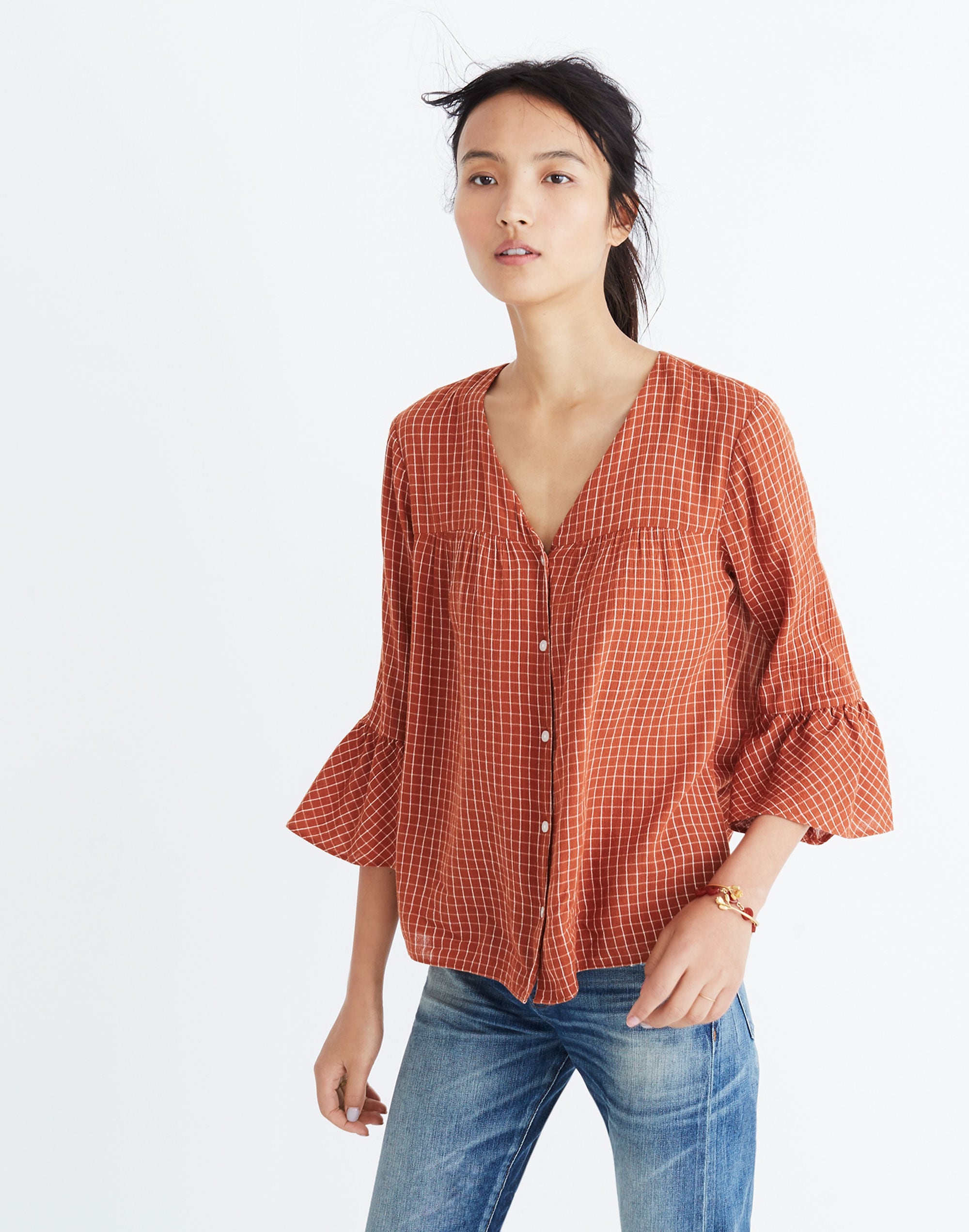 Veranda Bell-Sleeve Shirt in Windowpane