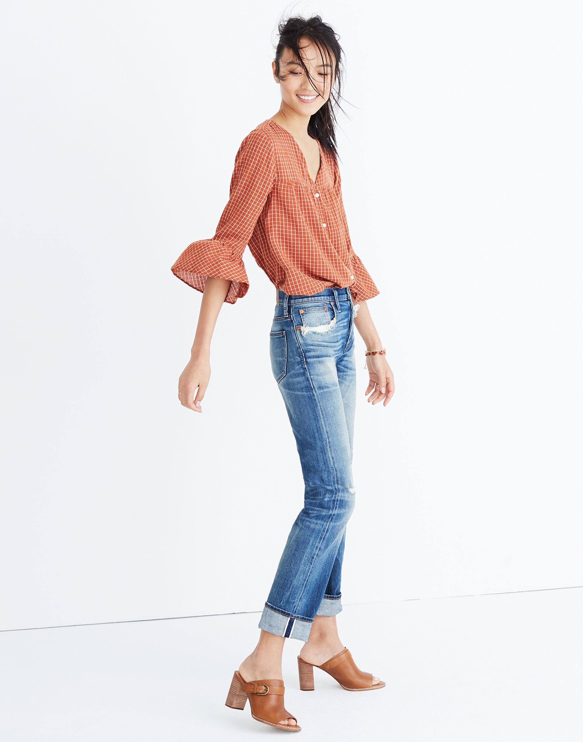 Veranda Bell-Sleeve Shirt in Windowpane