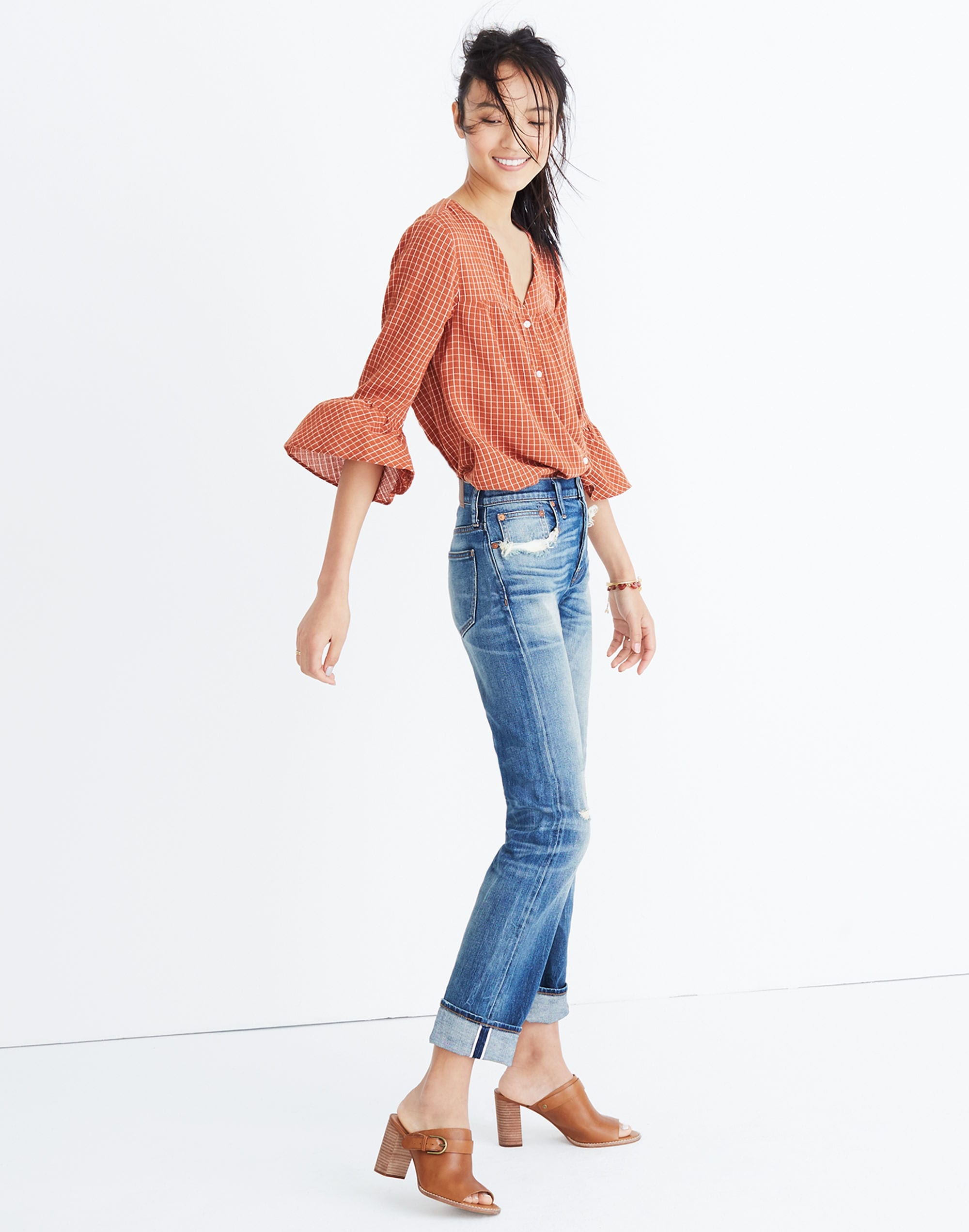 veranda bell-sleeve shirt in windowpane