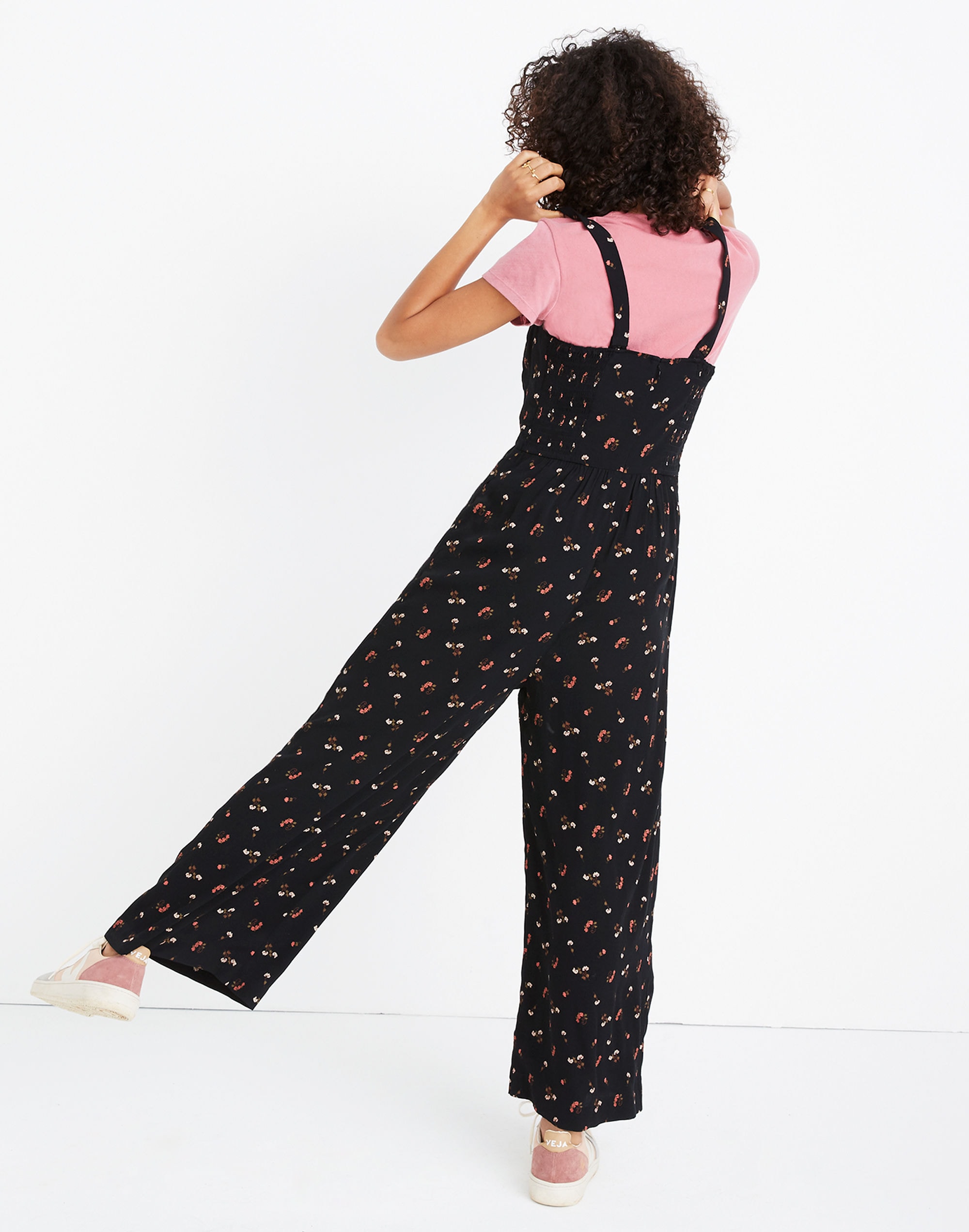 Smocked Crop Jumpsuit in Flower Toss