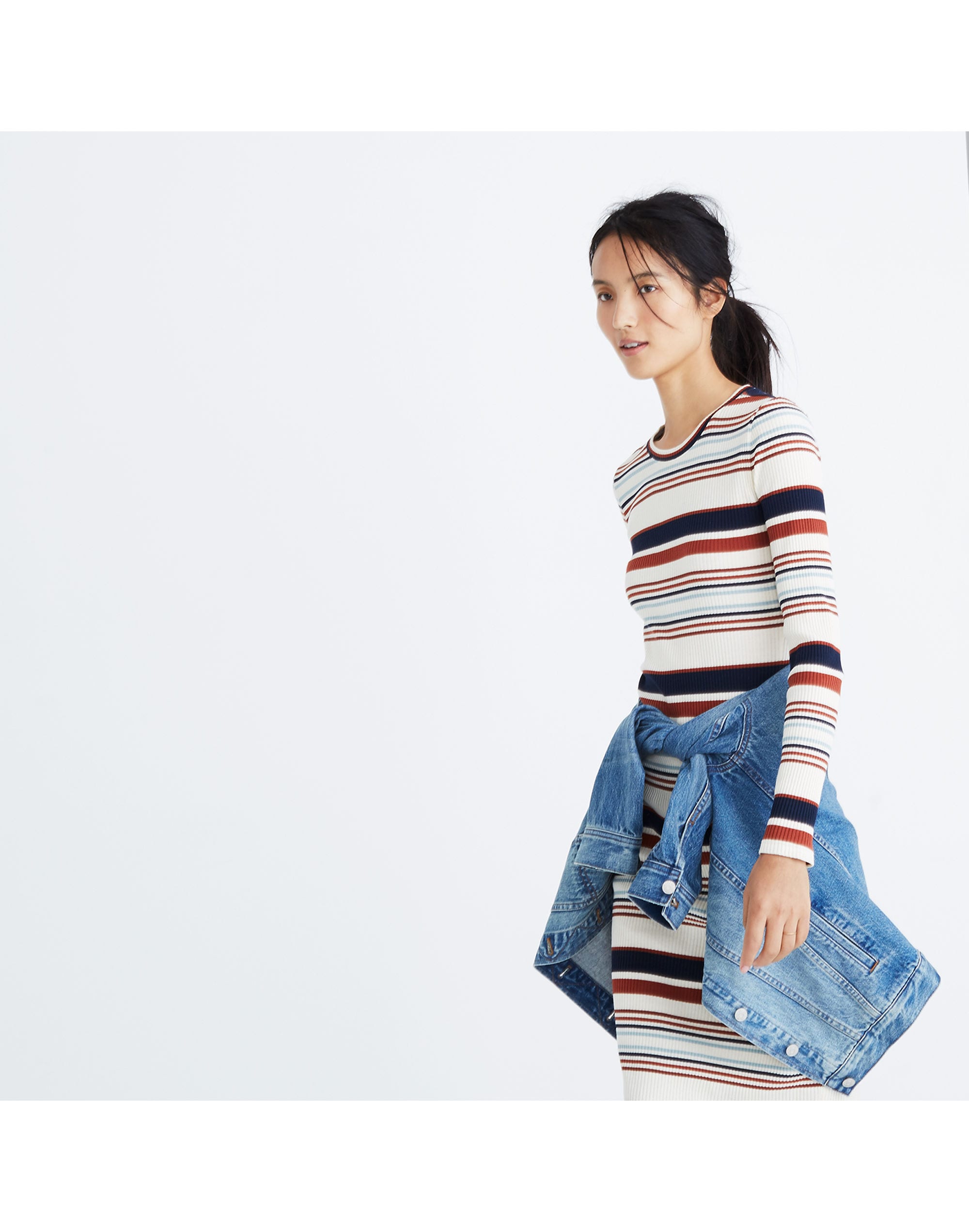 Ribbed Long-Sleeve Midi Dress in Multistripe