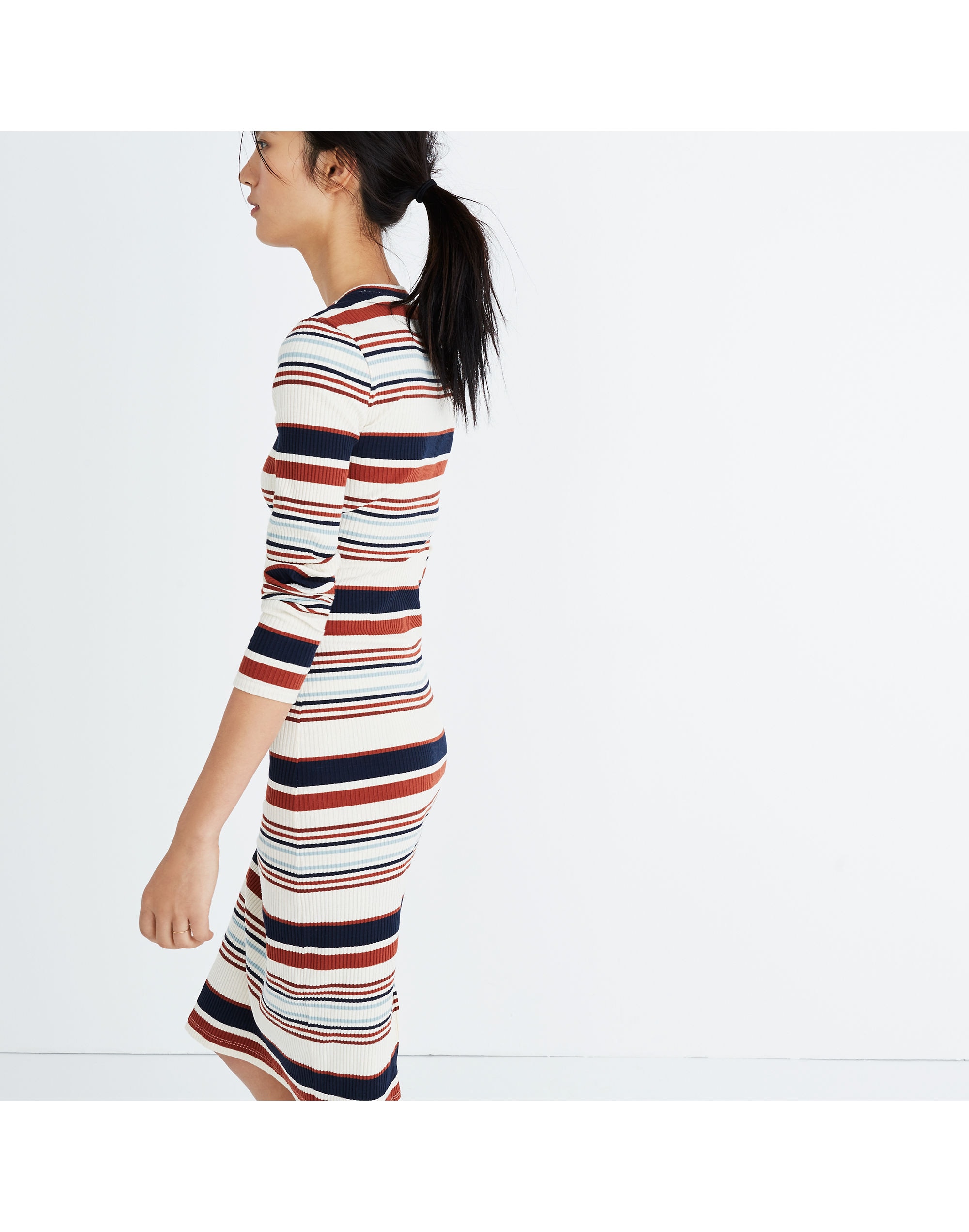 Ribbed Long-Sleeve Midi Dress in Multistripe