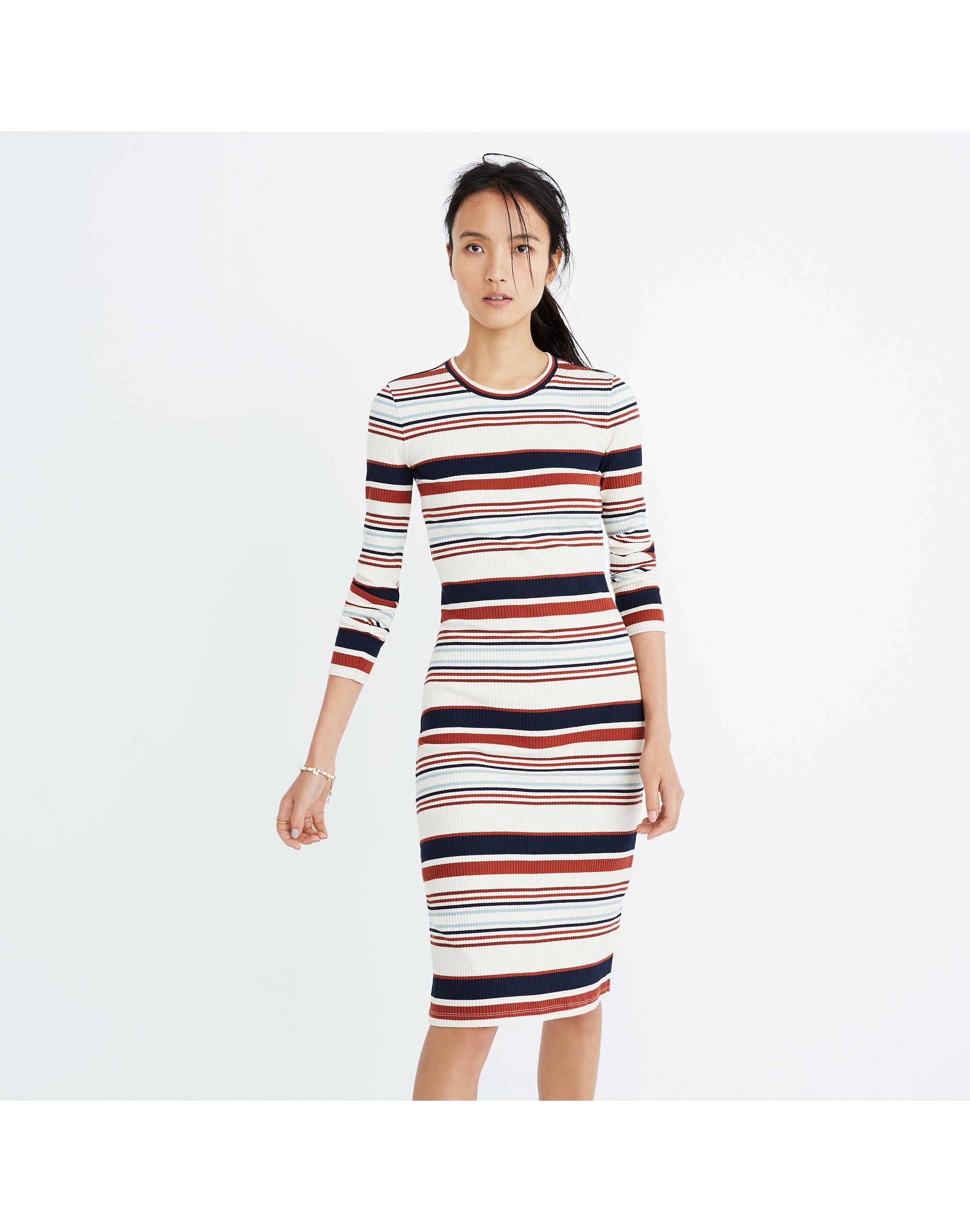 Ribbed Long-Sleeve Midi Dress in Multistripe