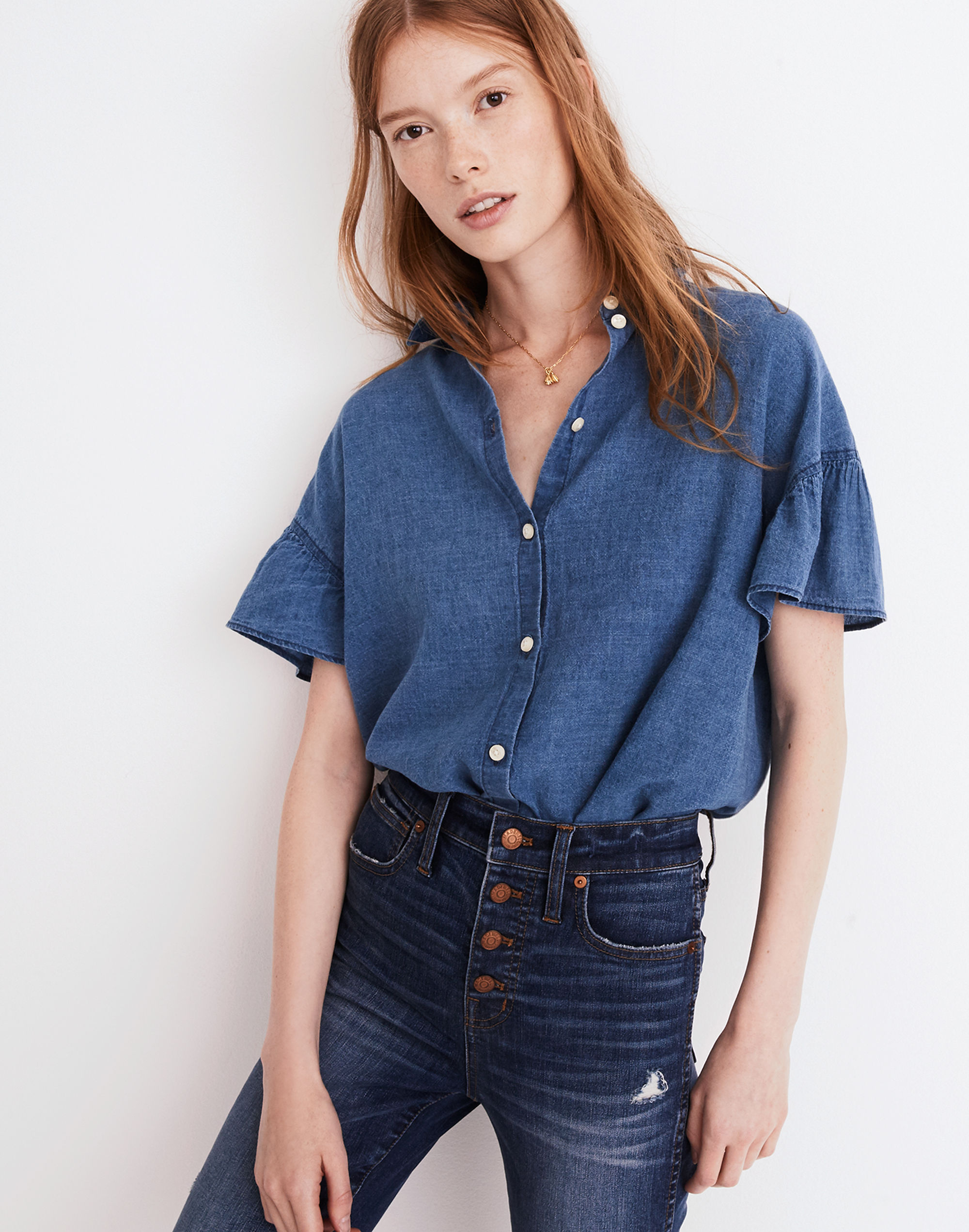 Central Ruffle-Sleeve Shirt in Indigo