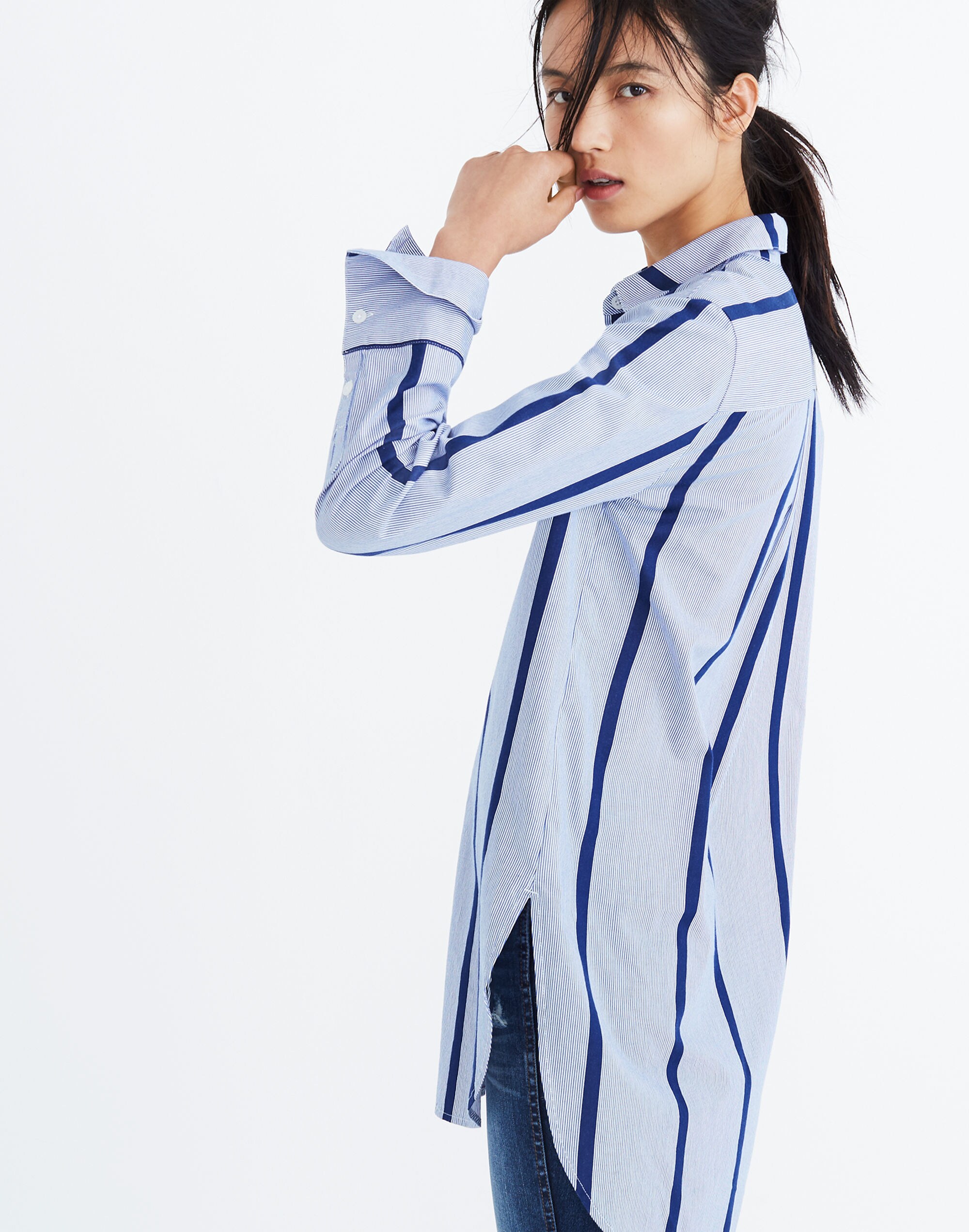 Striped Button-Down Tunic Shirt