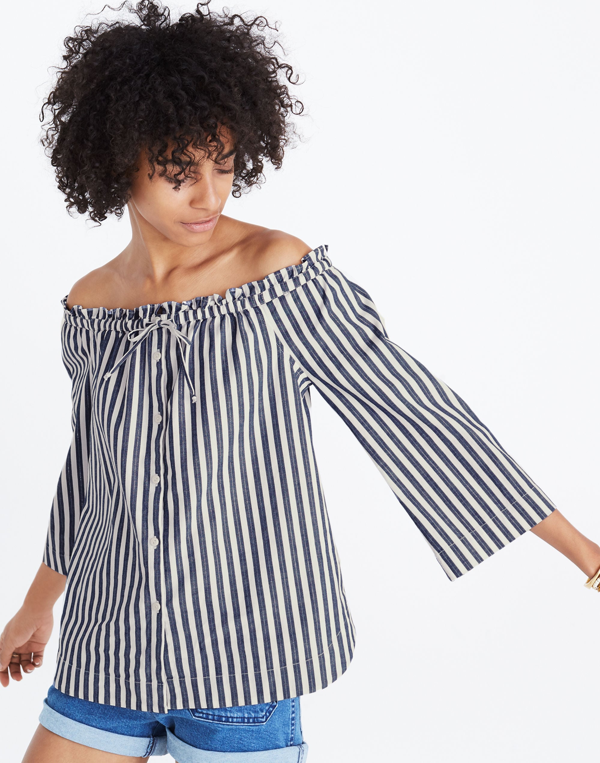 shimmer stripe off-the-shoulder top