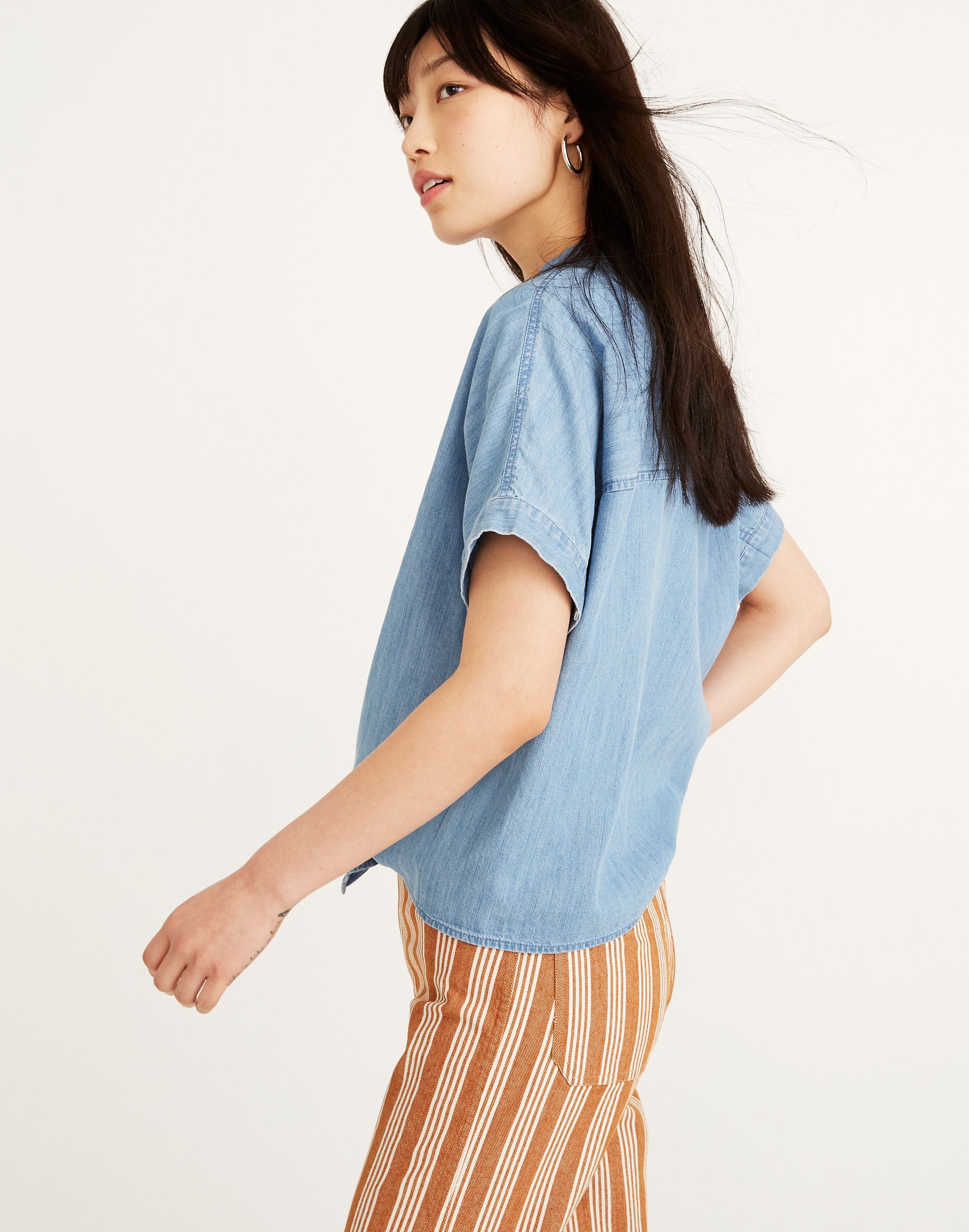 Denim Short-Sleeve Tie-Front Shirt