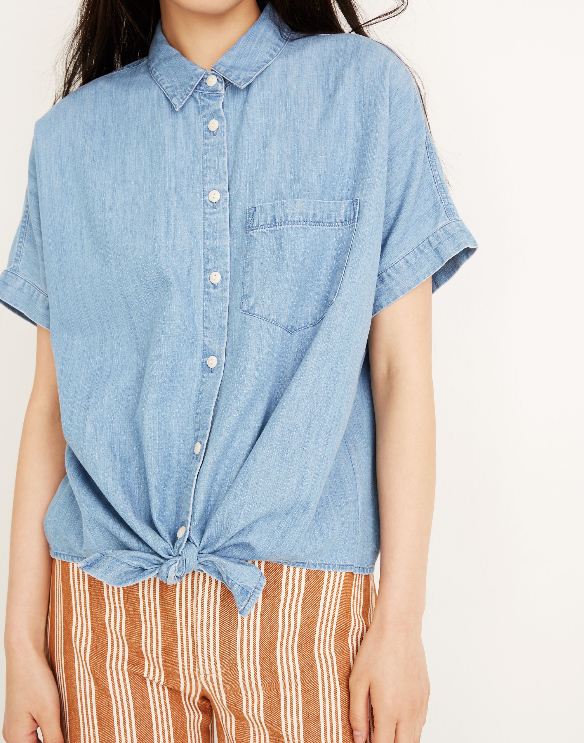 Denim Short-Sleeve Tie-Front Shirt