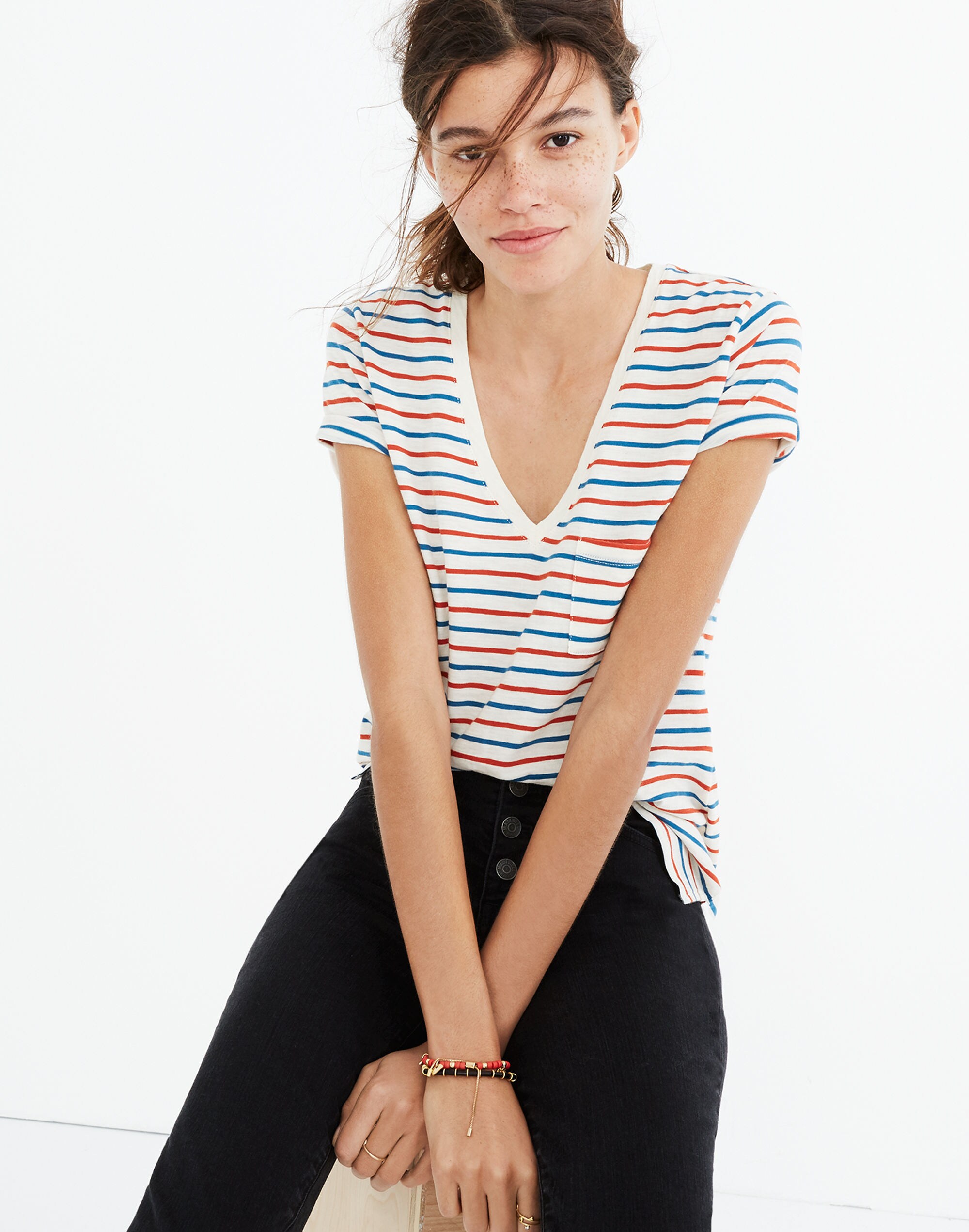 Whisper Cotton V-Neck Pocket Tee in Brion Stripe