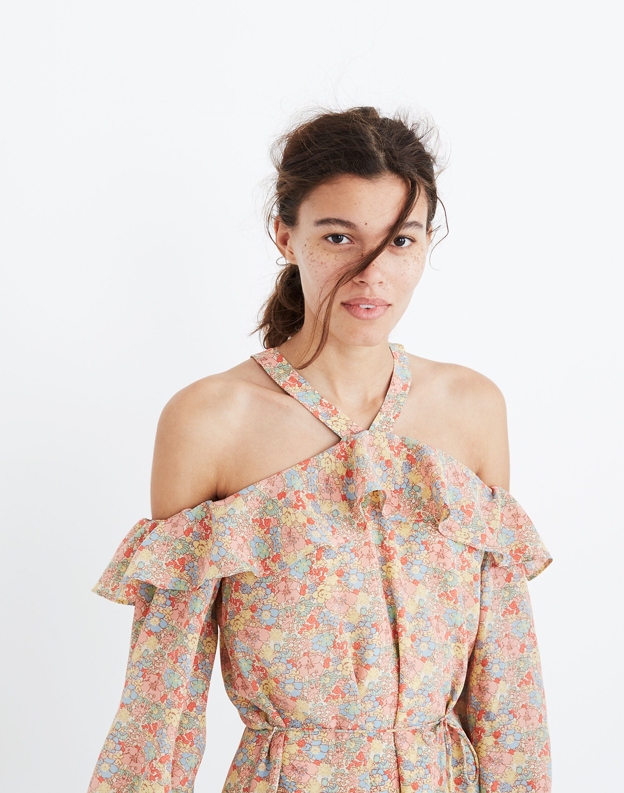Silk Forsythia Cold-Shoulder Dress in Prairie Blossoms