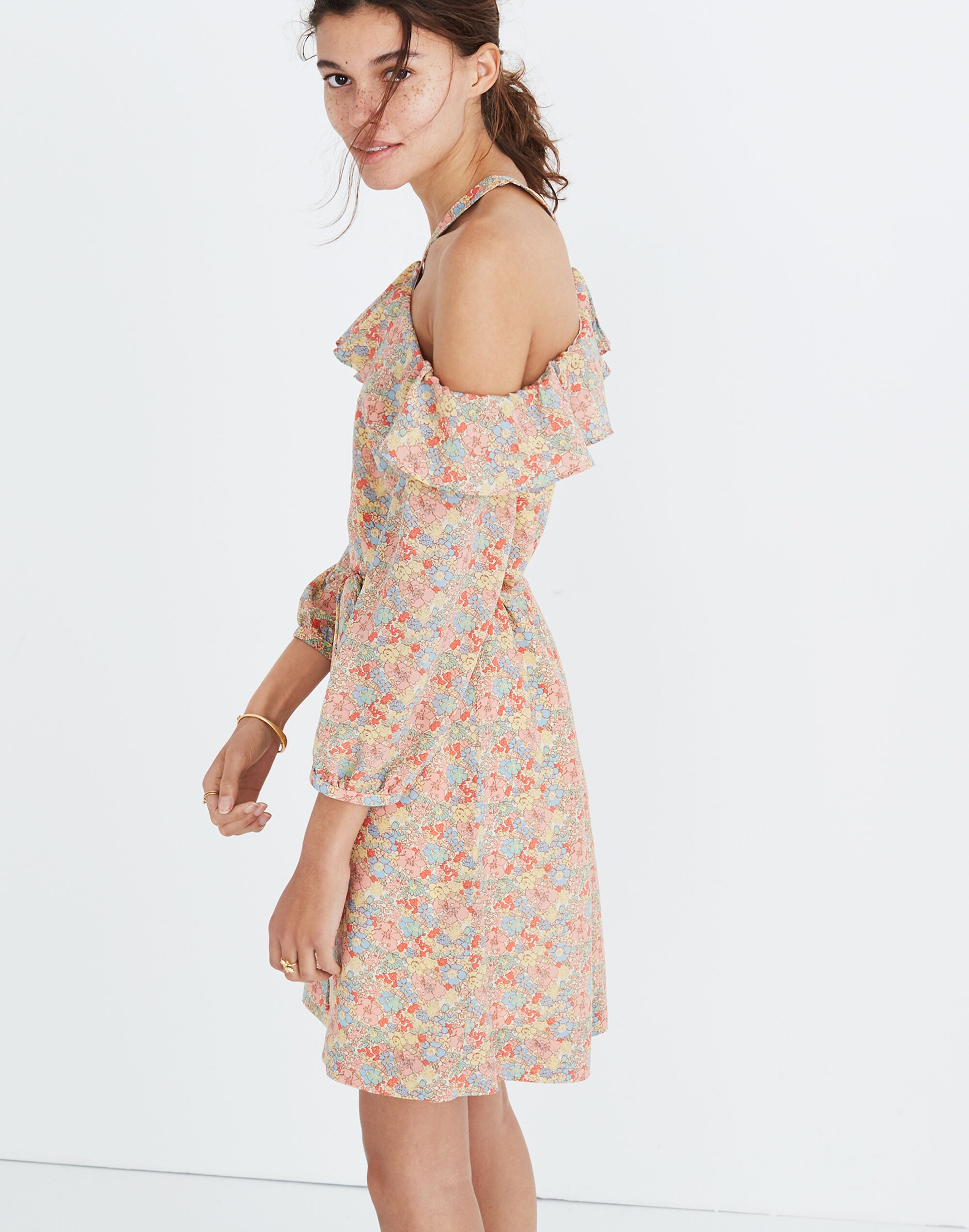 Silk Forsythia Cold-Shoulder Dress in Prairie Blossoms