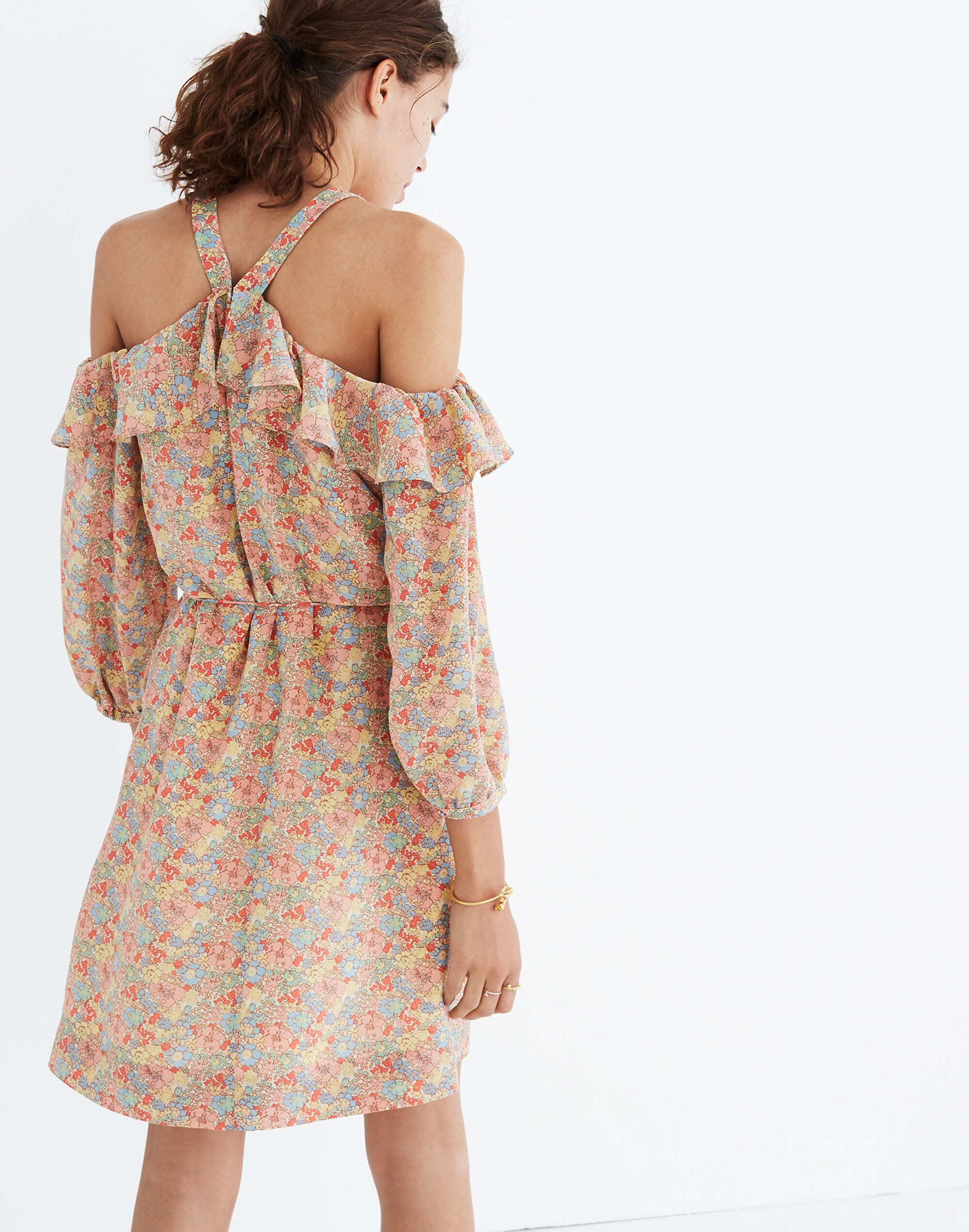 Silk Forsythia Cold-Shoulder Dress in Prairie Blossoms