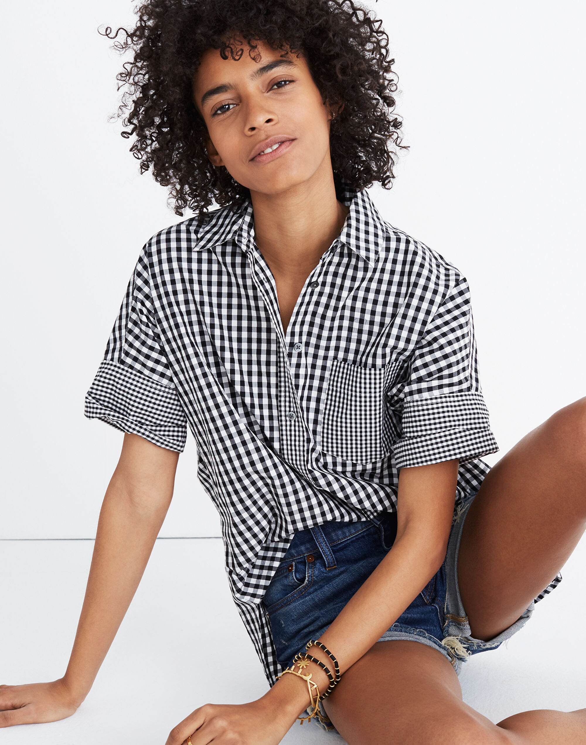 Gingham-Play Button-Down Shirt