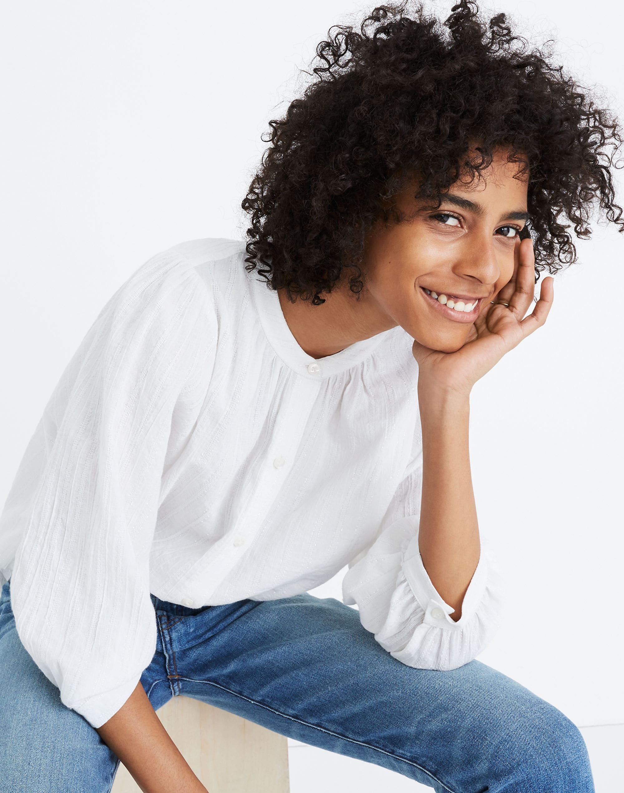 shimmer stripe peasant top