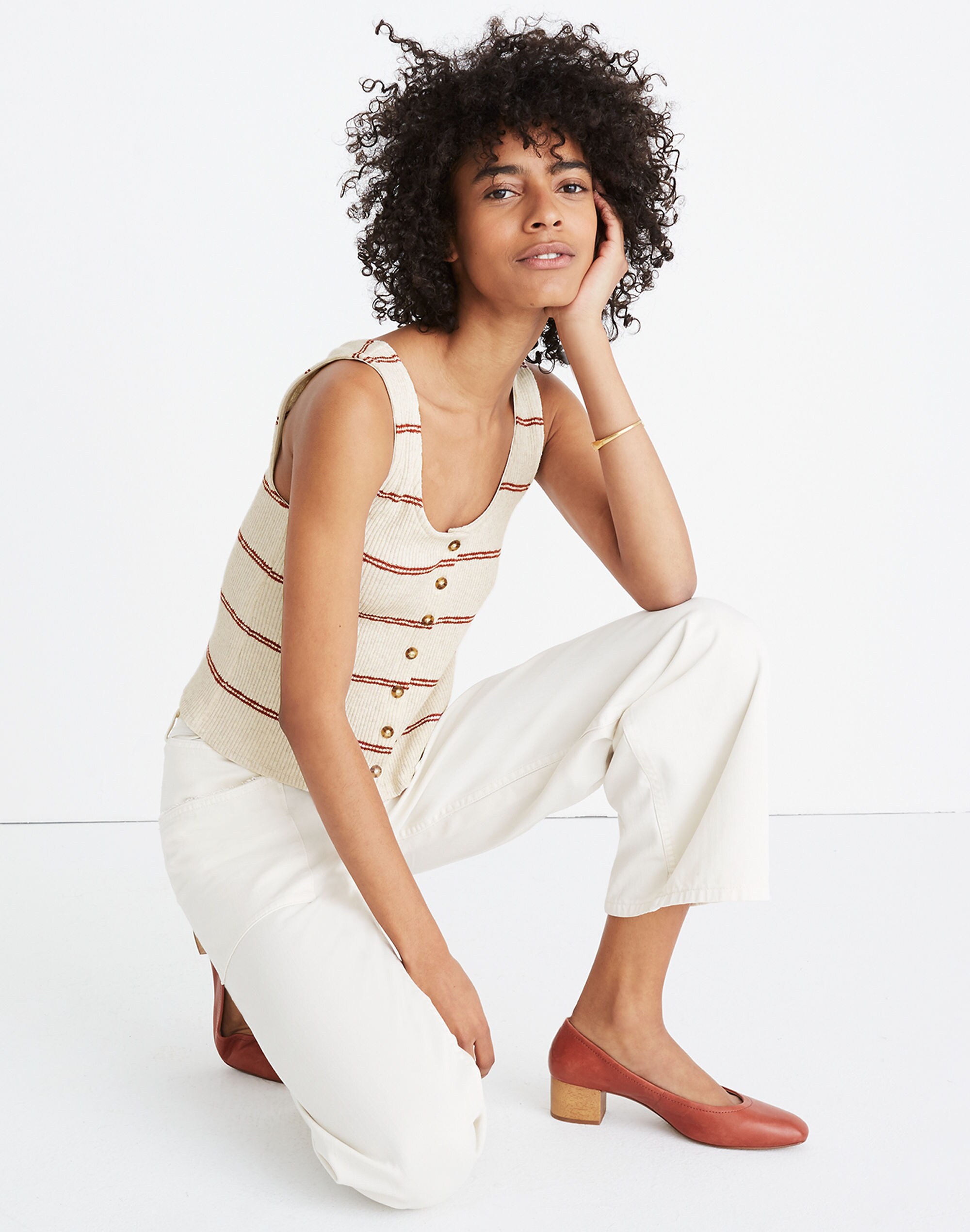 Ribbed Button-Front Tank Top in Stripe