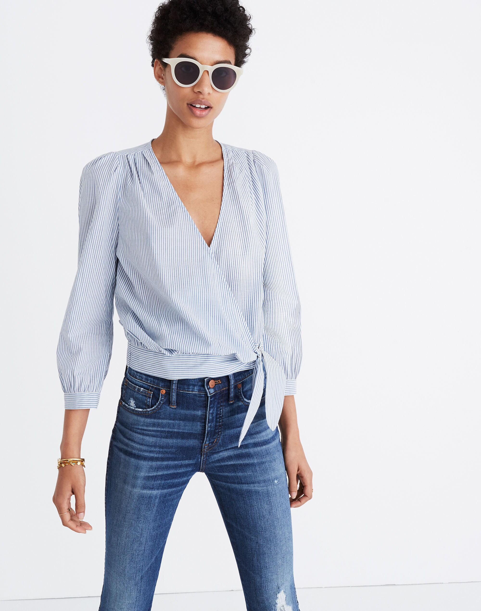 Wrap Top in Indigo Stripe