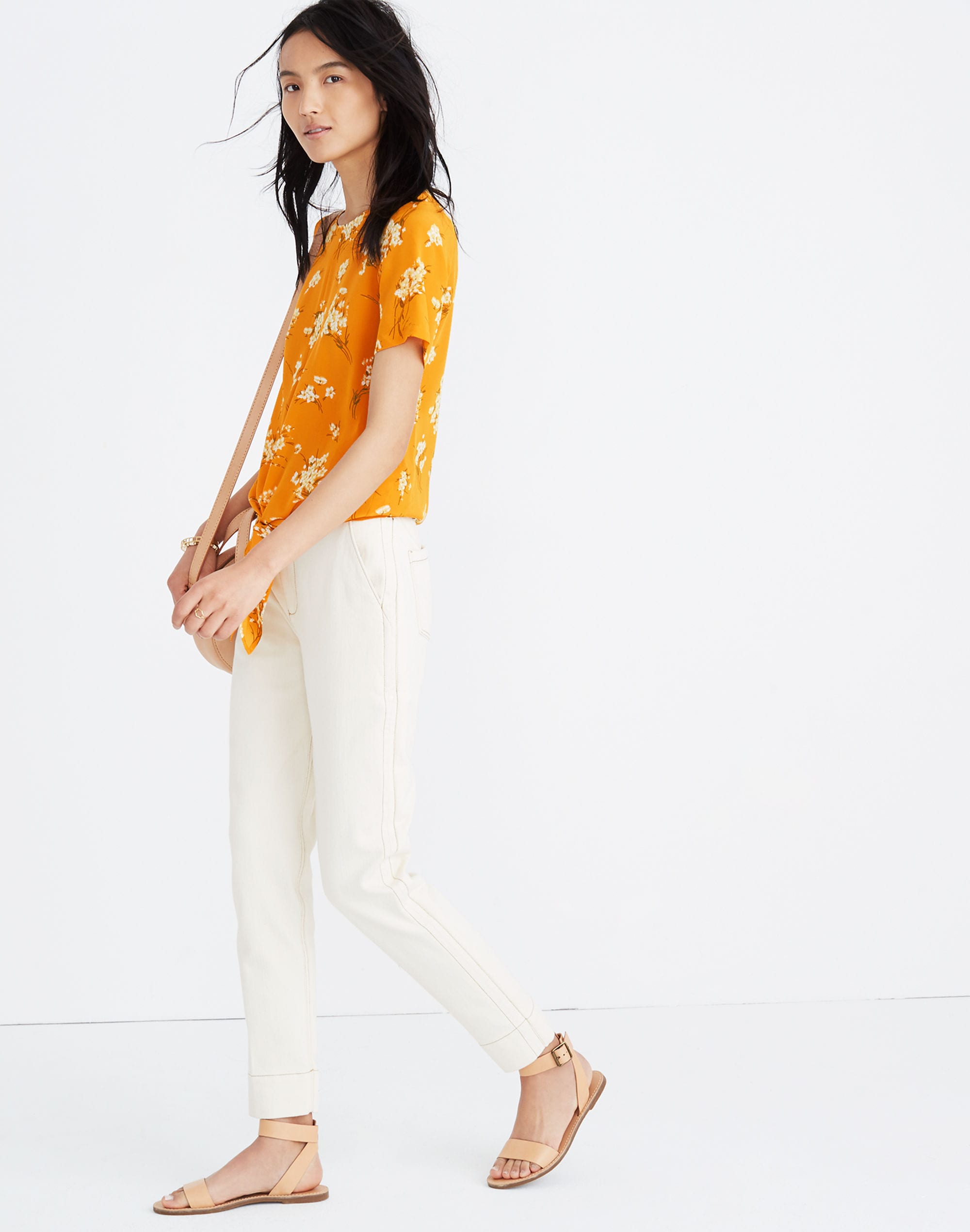 Silk Button-Back Tie Tee in Butterfly Garden