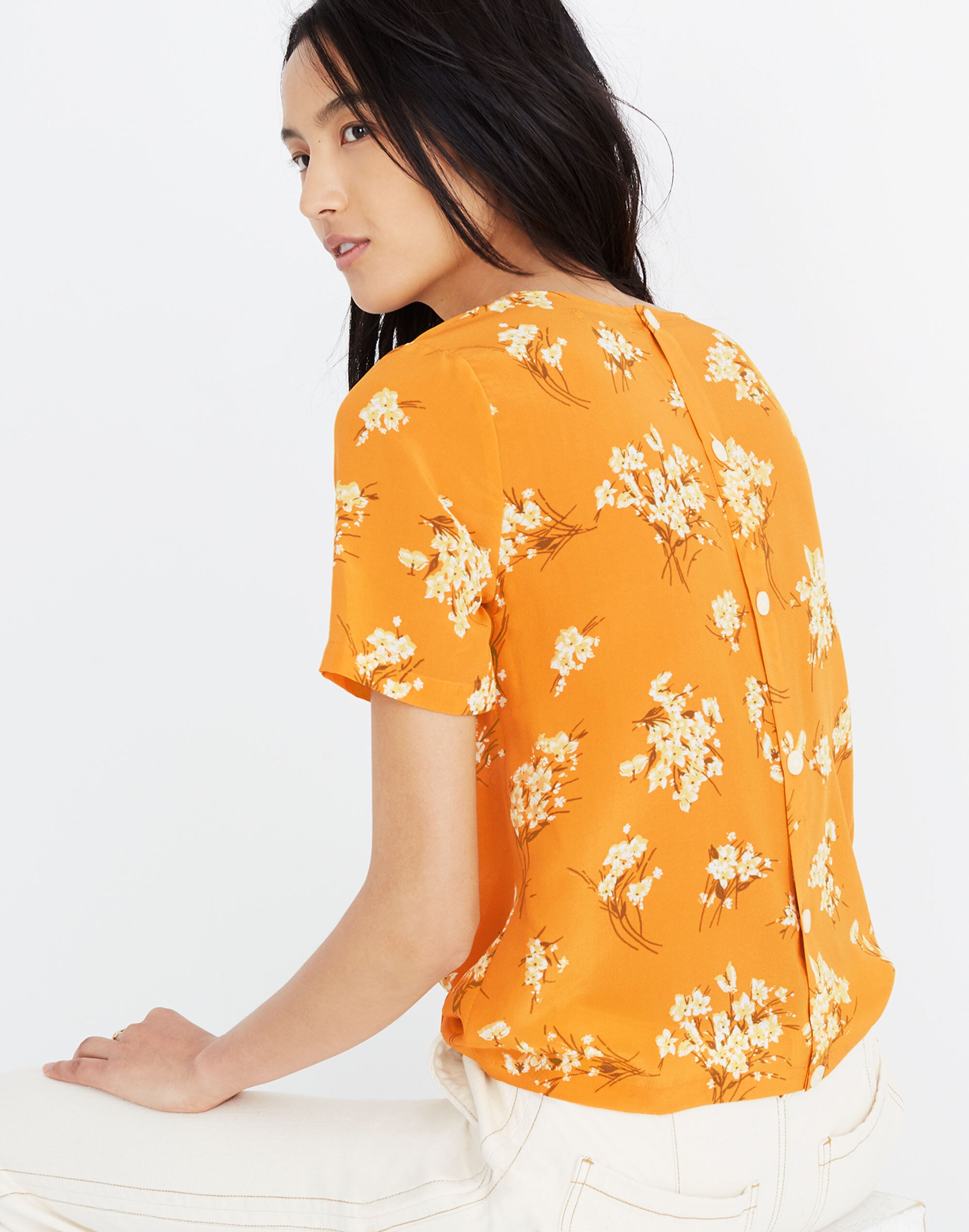 Silk Button-Back Tie Tee in Butterfly Garden