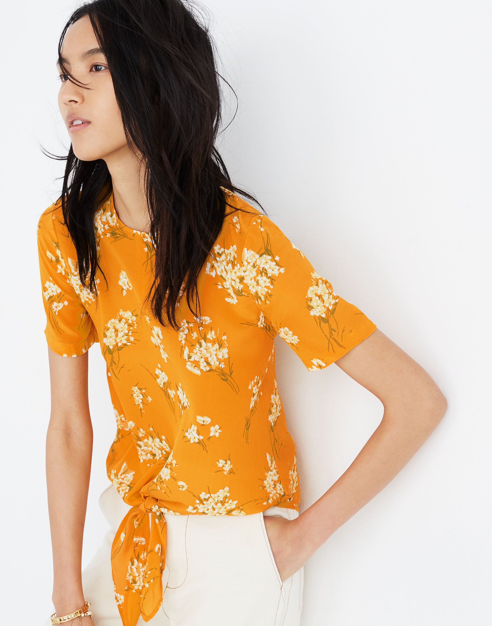 Silk Button-Back Tie Tee in Butterfly Garden