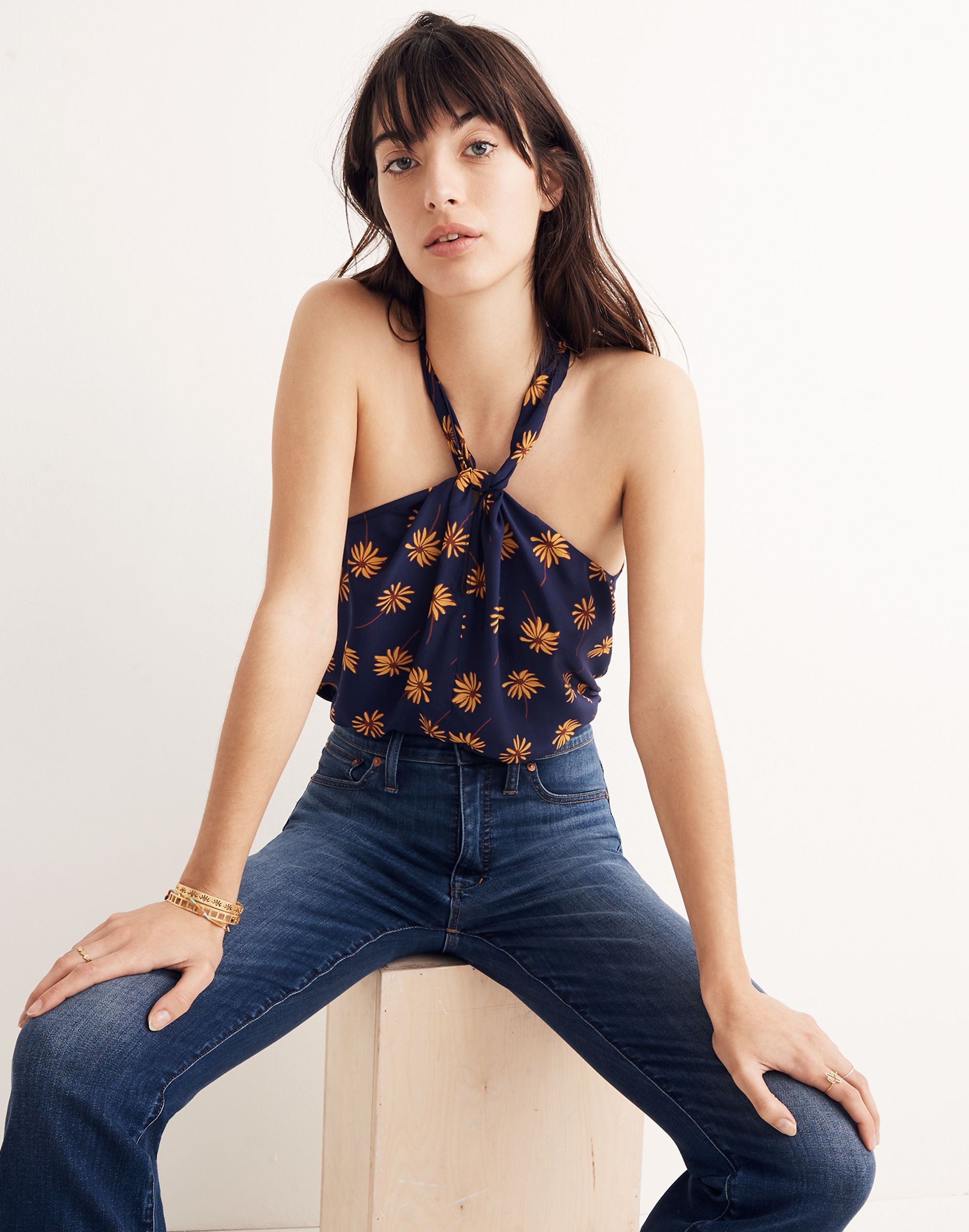 silk halter top in fresh daisies