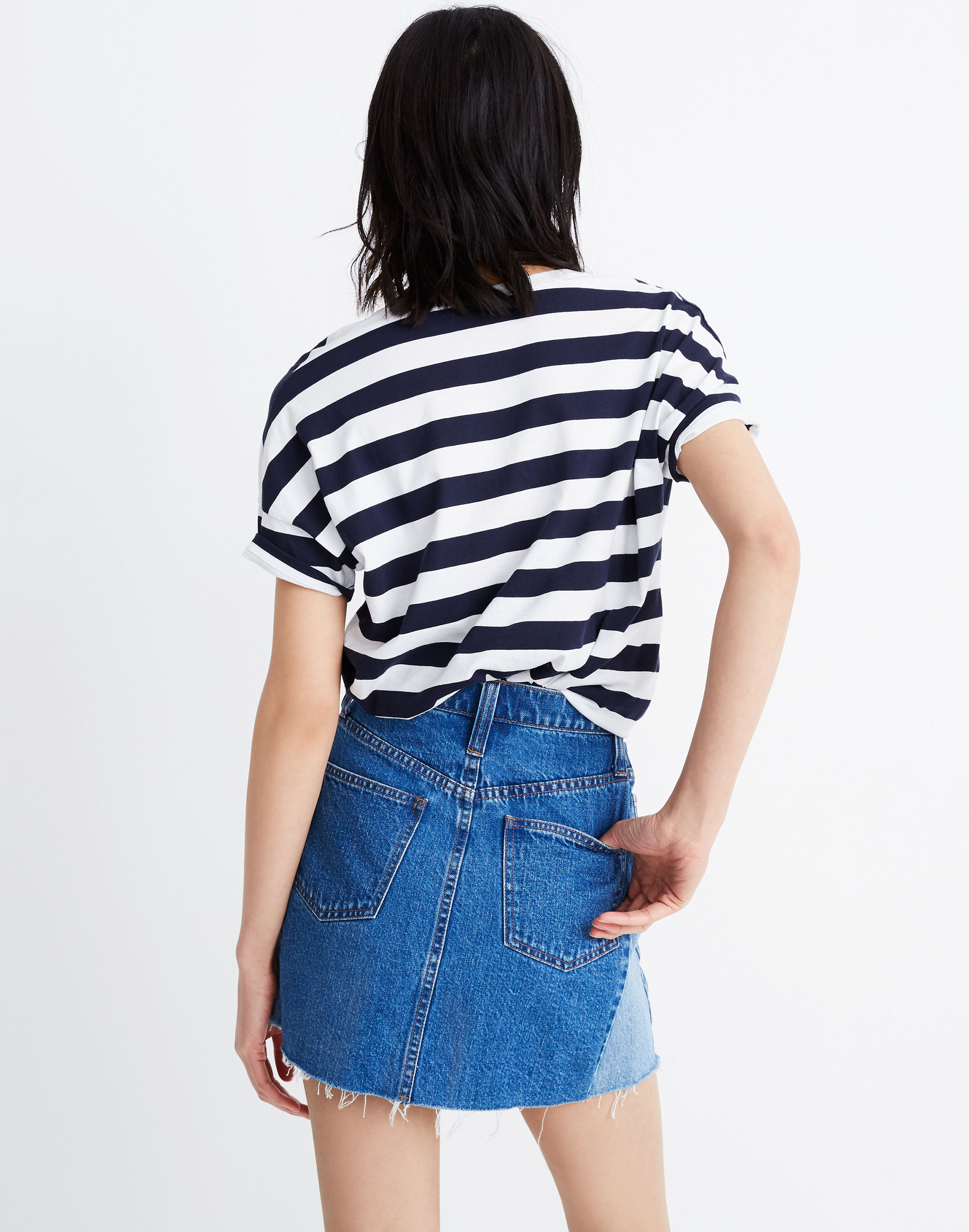 Rigid Denim A-Line Mini Skirt: Pieced Edition