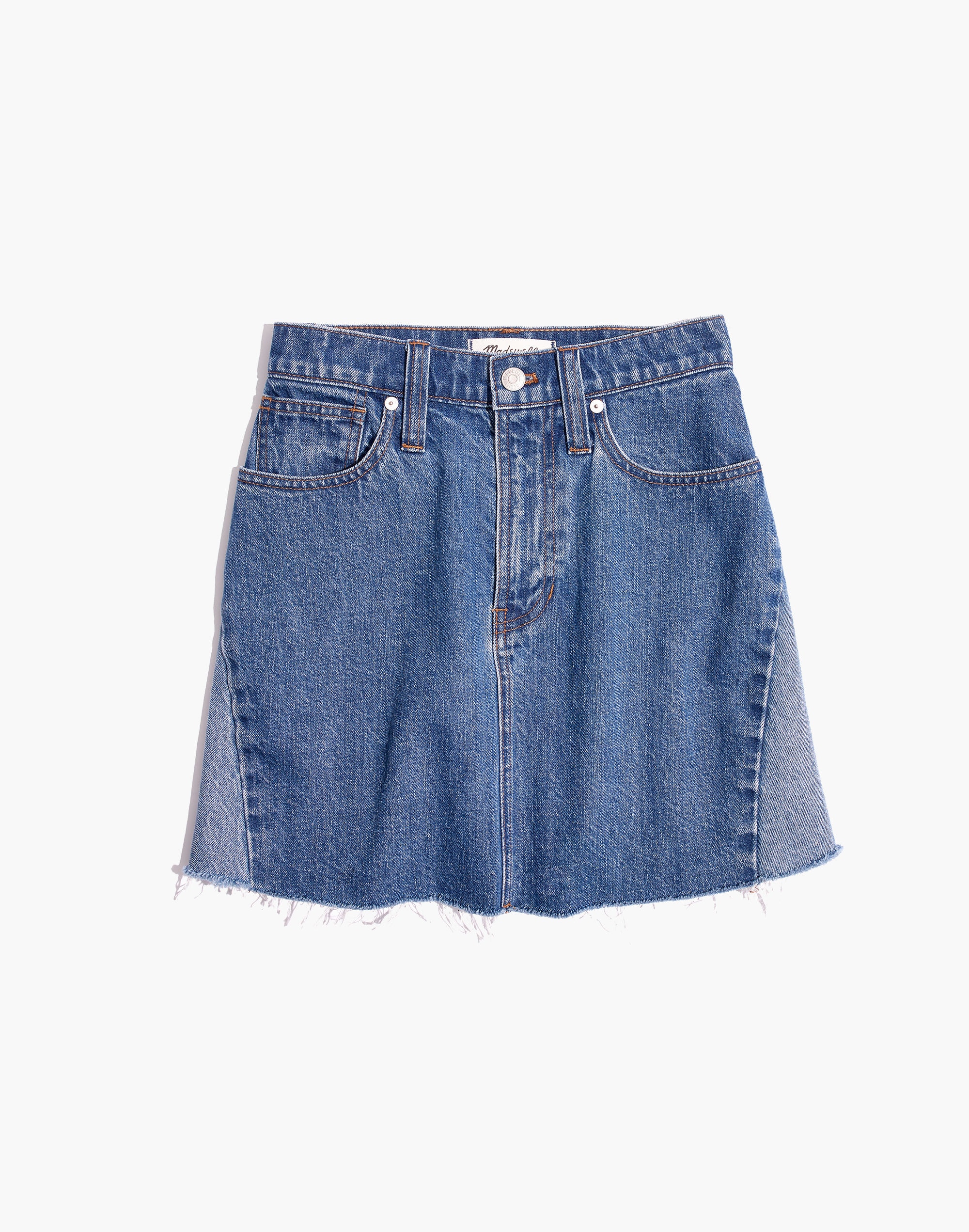 Rigid Denim A-Line Mini Skirt: Pieced Edition