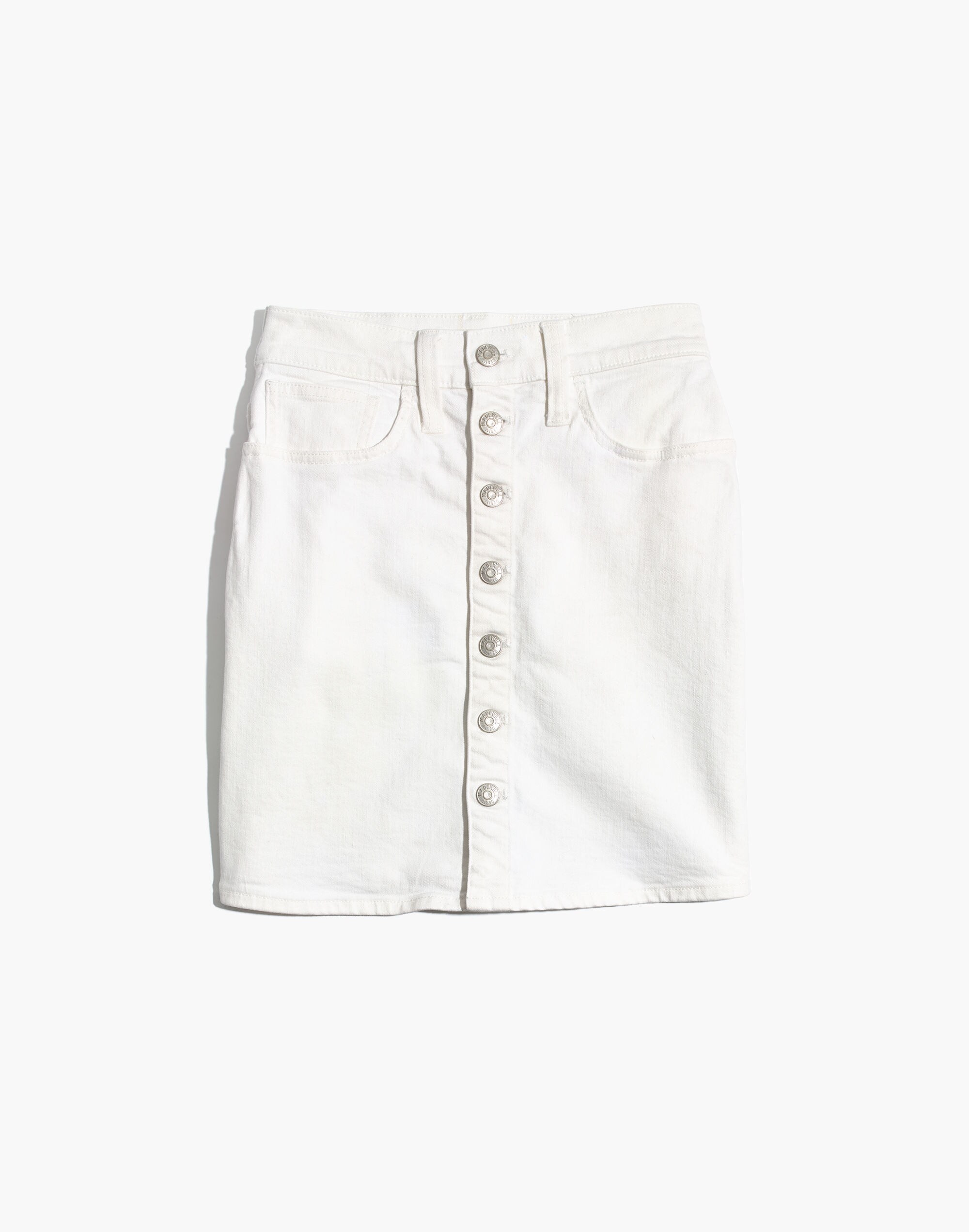 Stretch Denim Straight Mini Skirt in Tile White: Button-Front Edition