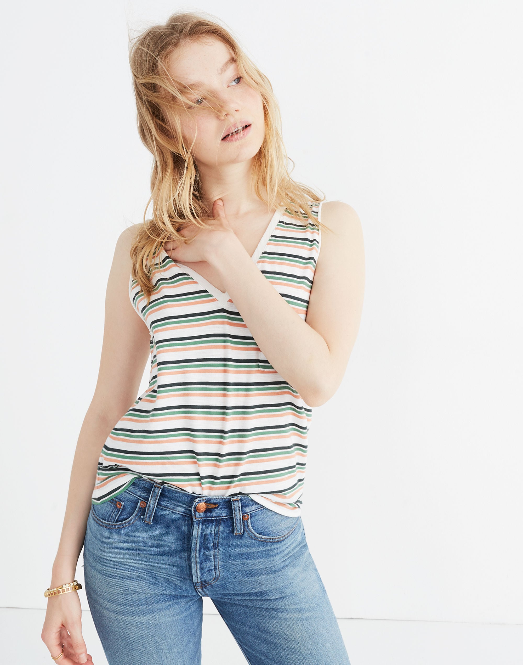 whisper cotton v-neck pocket tank in roger stripe