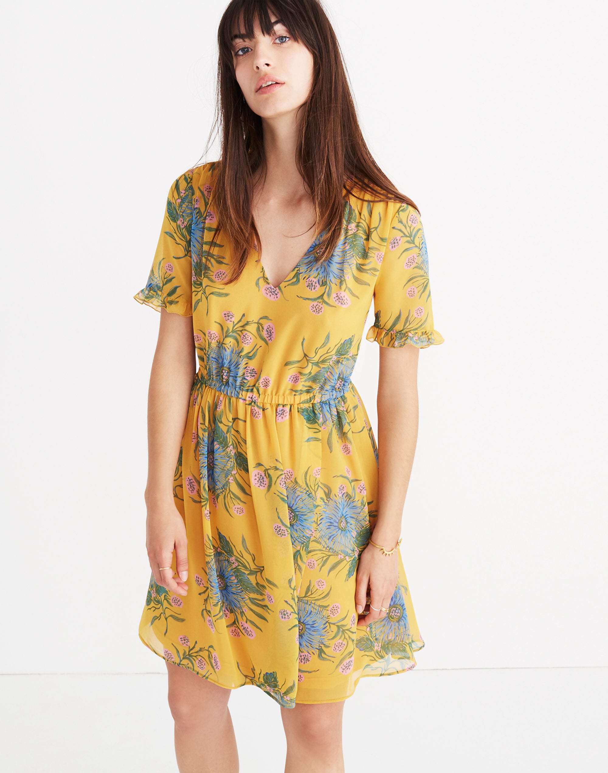 Sweetgrass Ruffle-Sleeve Dress in Painted Blooms