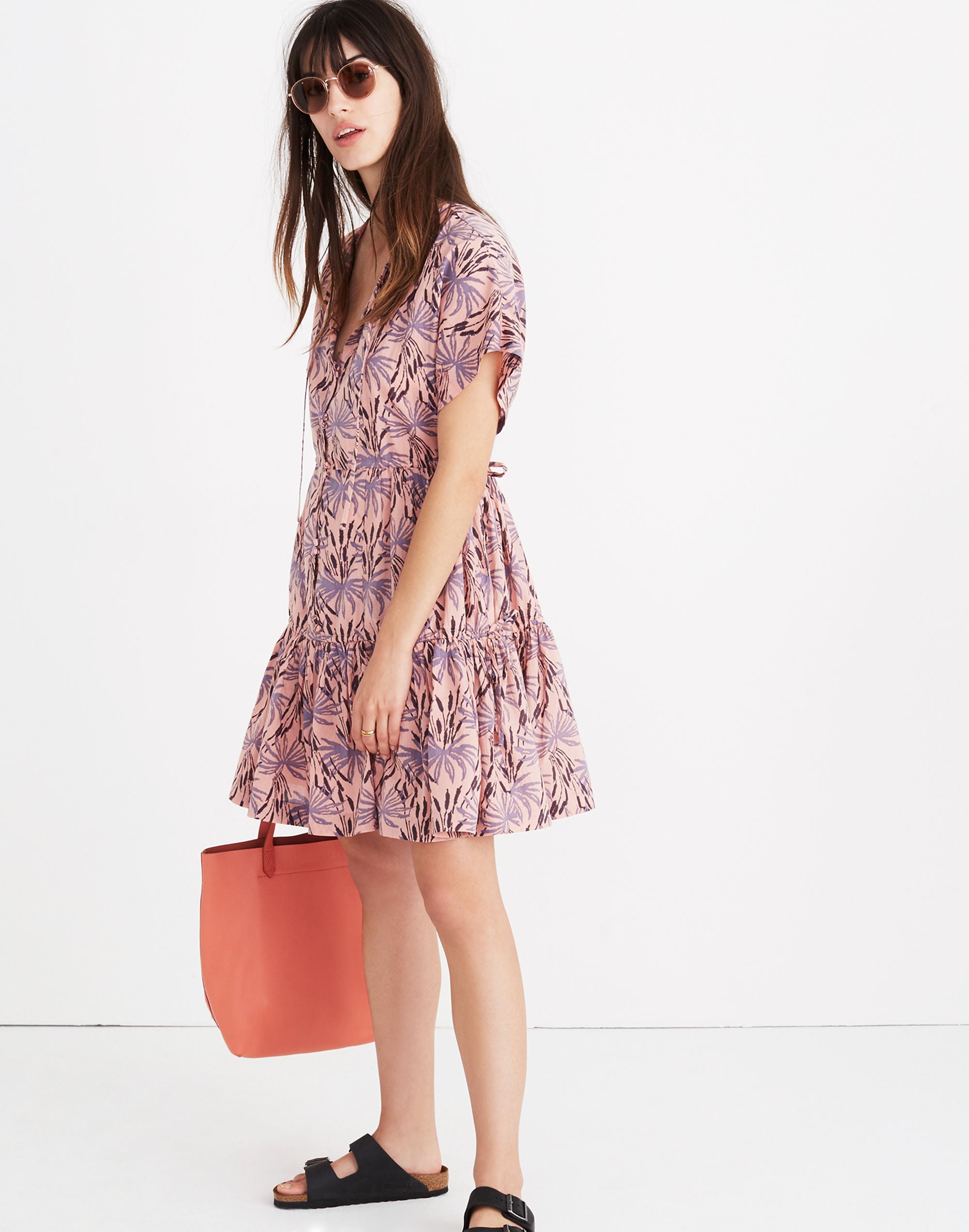 Button-Front Tiered Dress in Oasis Palms